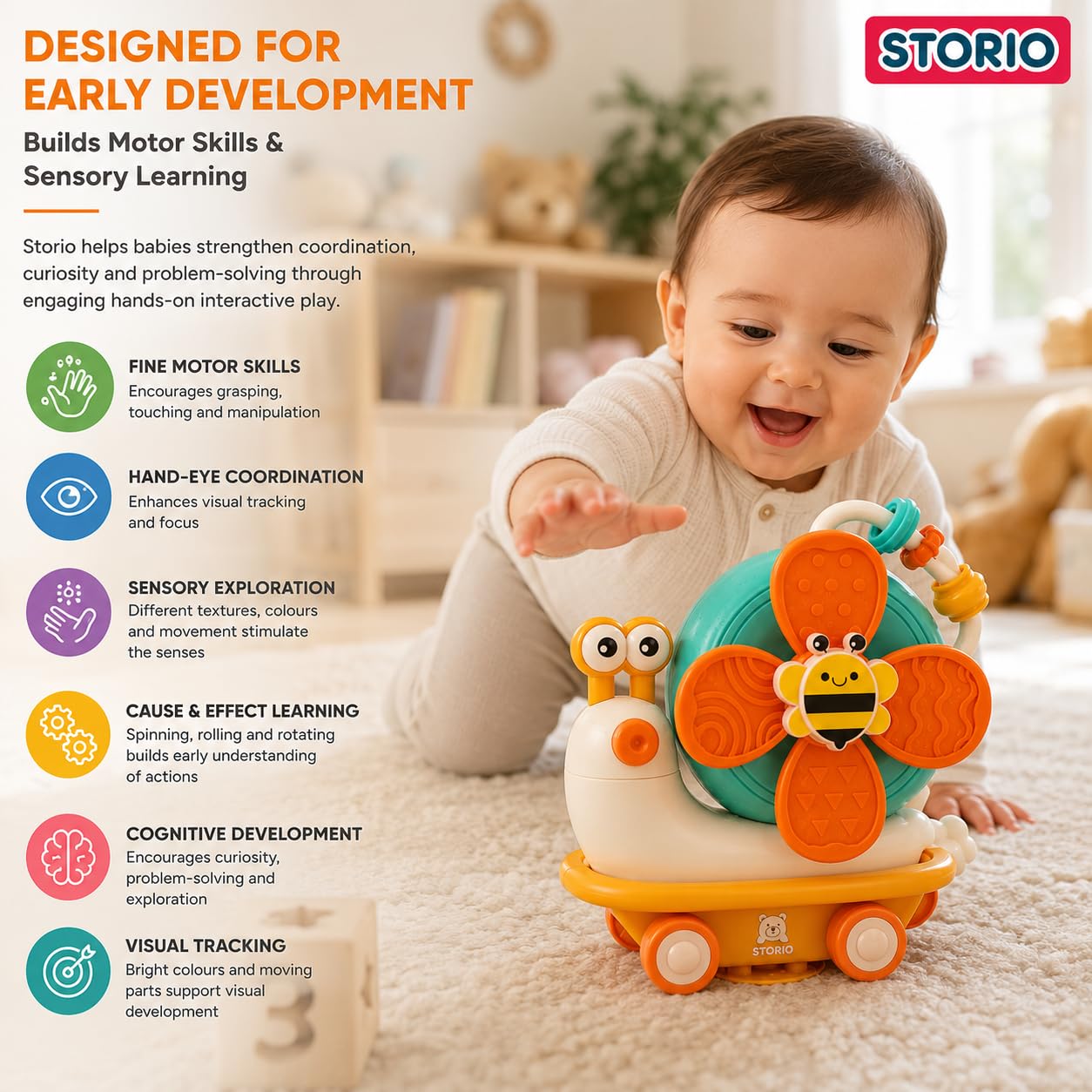 Storio 5-in-1 Baby Suction Spinner Toy, Interactive Learning Set with Rattle and Sensory Play, for 6+ Months Kids - Orange & Cream — Amazon image 6
