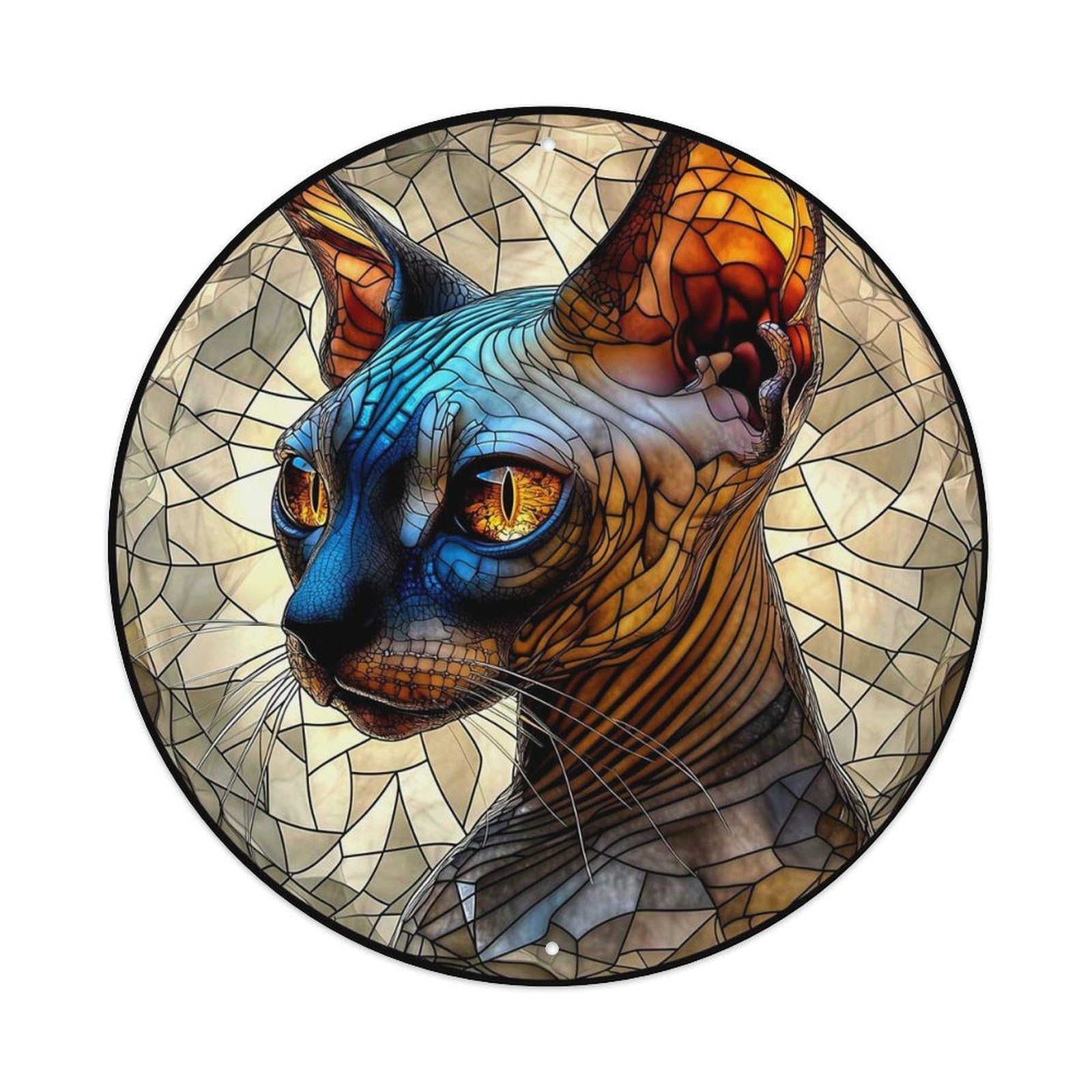 Stained Glass Cat Portrait Art Round Tin Sign Vintage Metal Sign Home Bar Garden Indoor & Outdoor Wall Decor Retro Metal Poster 8x8 Inch