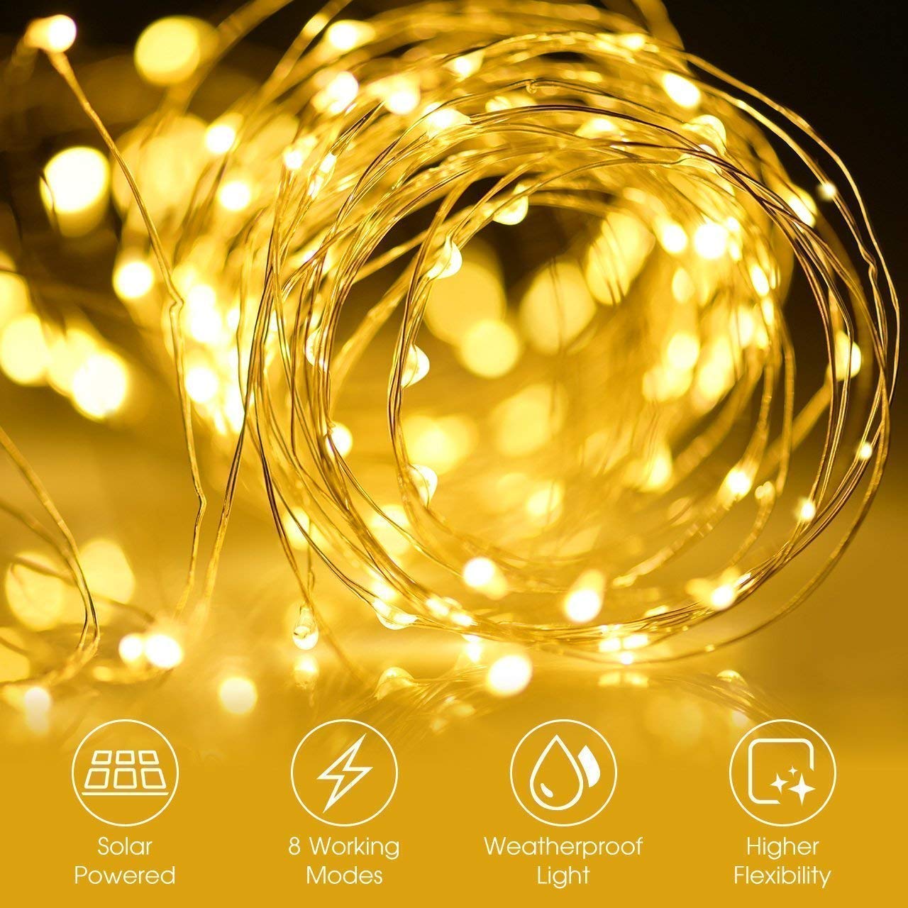 Zewnętrzne światła Słoneczne, 12M 120 Zewnętrzne Lampki LED, Wodoodporny Drut Miedziany, Lampki świąteczne, Balkon, Dekoracja ogrodowa, Drzewa, Tarasy, Lampki Weselne (Ciepły żółty)