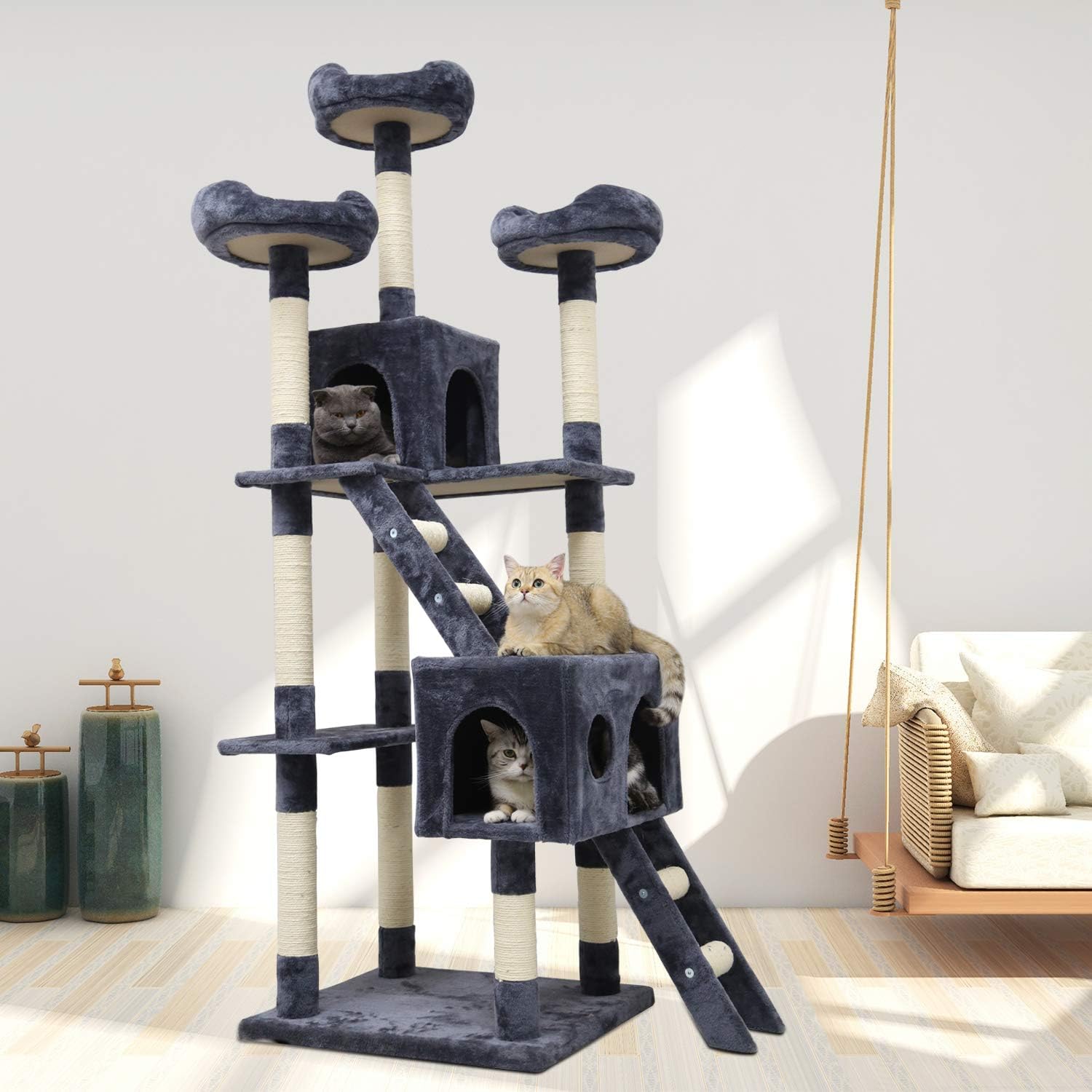 review Meerveil Cat Tree Cat Scratching Post Cat Tall Tower,Stable Cat Palace with Two Cat Cave,Three Platforms and Two Climbing Ladders