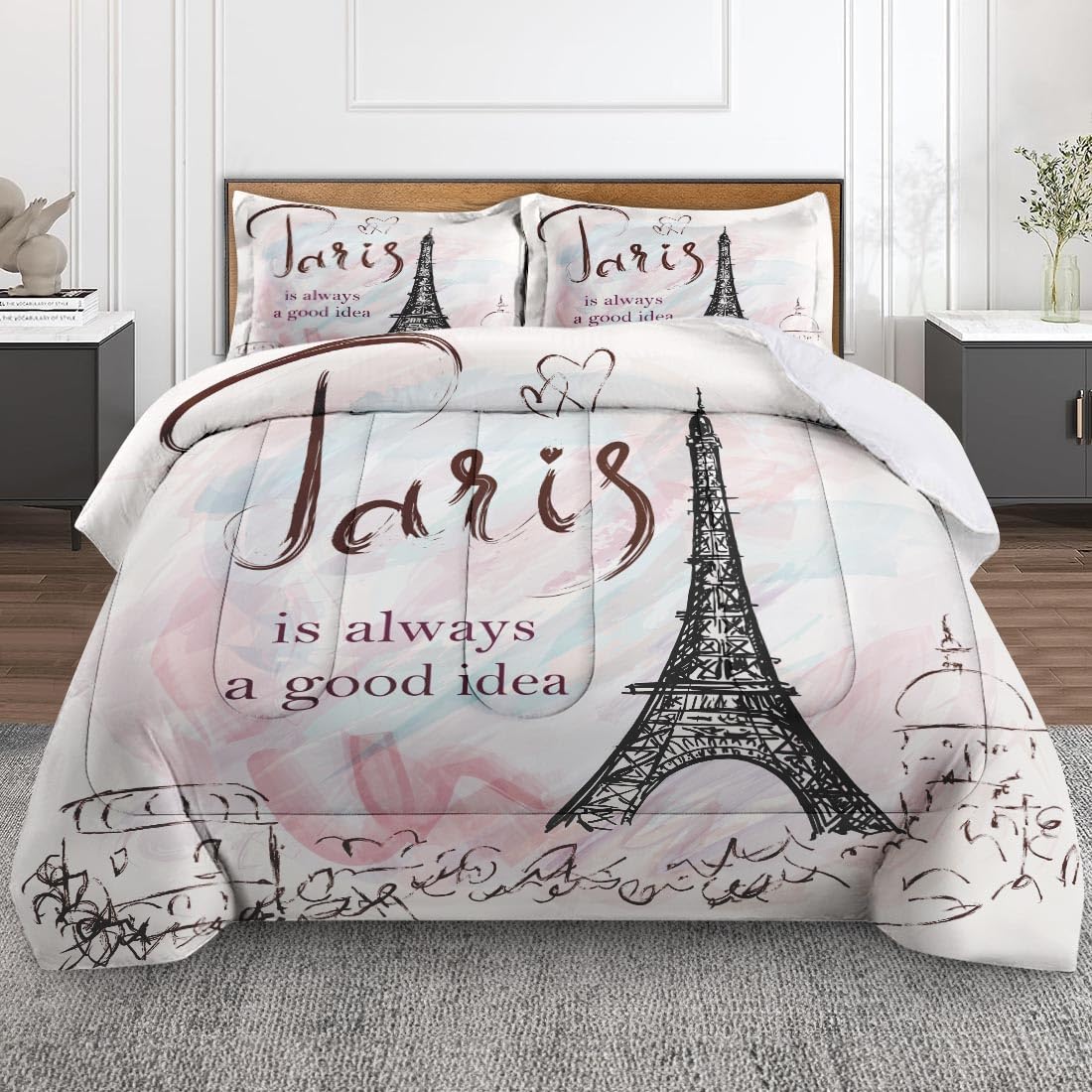 Nesphy Pink Paris Comforter Set for Boy Girl Children Teens King, Modern French Style Romantic Theme Bedding Sets Water Washed Microfiber Bedding with 1 Comforter 2 Pillowcases All Season