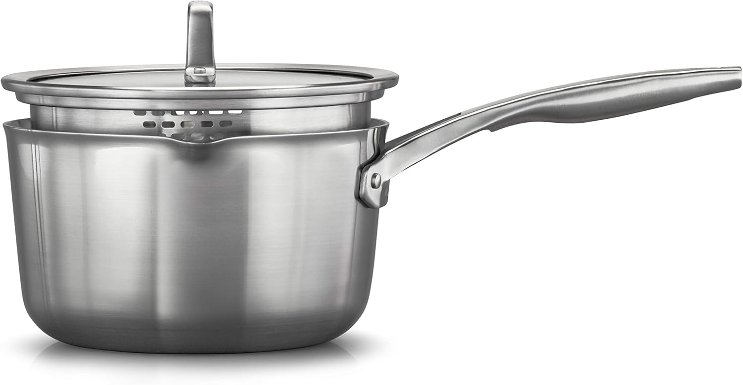 Calphalon Premier Stainless Steel 3.5-Quart Pour and Strain Sauce Pan with Cover