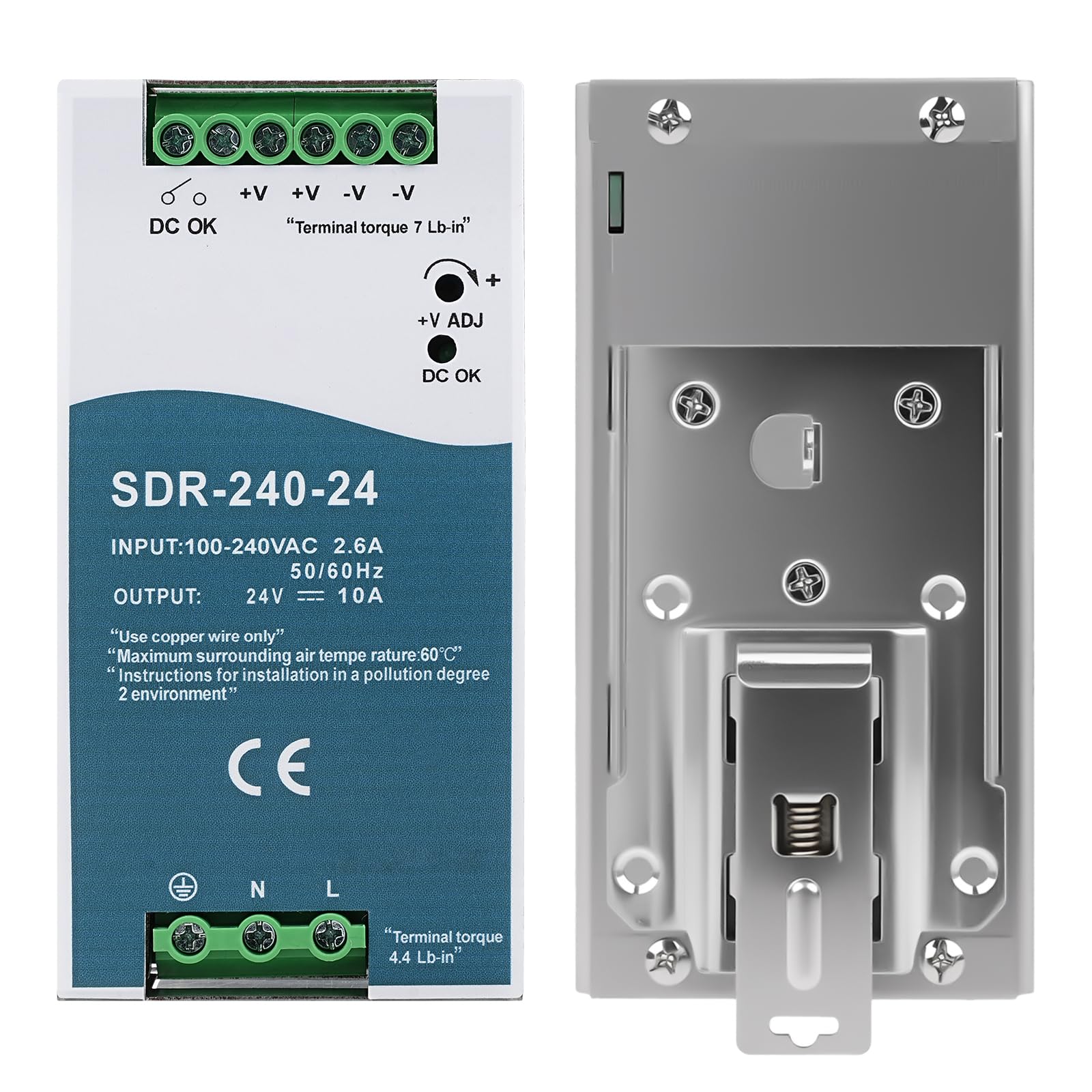 Alimentación de DIN Rail 240W DIN Rail Power Supply Entrada AC 100-240V 2,6A Salida DC 24V 10A Fuente de Alimentación Industrial para Cajas distribución,Instrumentos,Equipos comunicación SDR-240-24