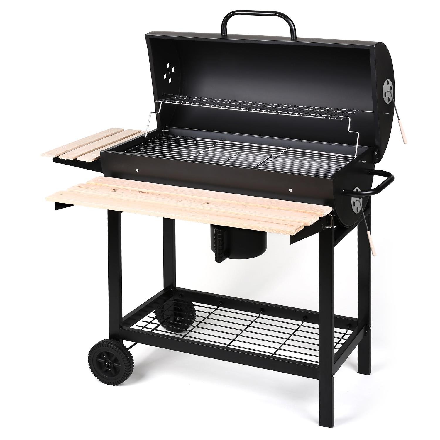 oneConcept Beefbutler - griglia a Carbone, griglia da Giardino, griglia Diretta e indiretta, 2 Ripiani in Legno, 4 Aperture di Ventilazione, Contenitore Rimovibile, Ruote per Trolley, Nero
