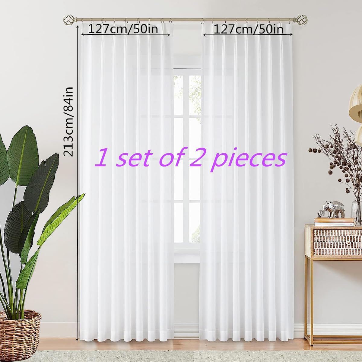 Sheer White Curtains 84 inches Long, Pinch Pleated Curtains for Bedroom, White Sheer Drapes with Custom Multi Size (2 Panels, 50 inches Wide Each Panel)