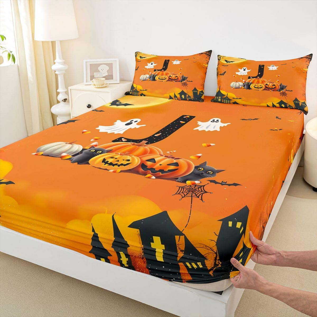 Erosebridal Halloween Letter J Sheet Set Gothic Twin Sheets Set for Toddler Boys,Initial A-Z Letter Personalized Monogrammed Orange Fitted Sheet