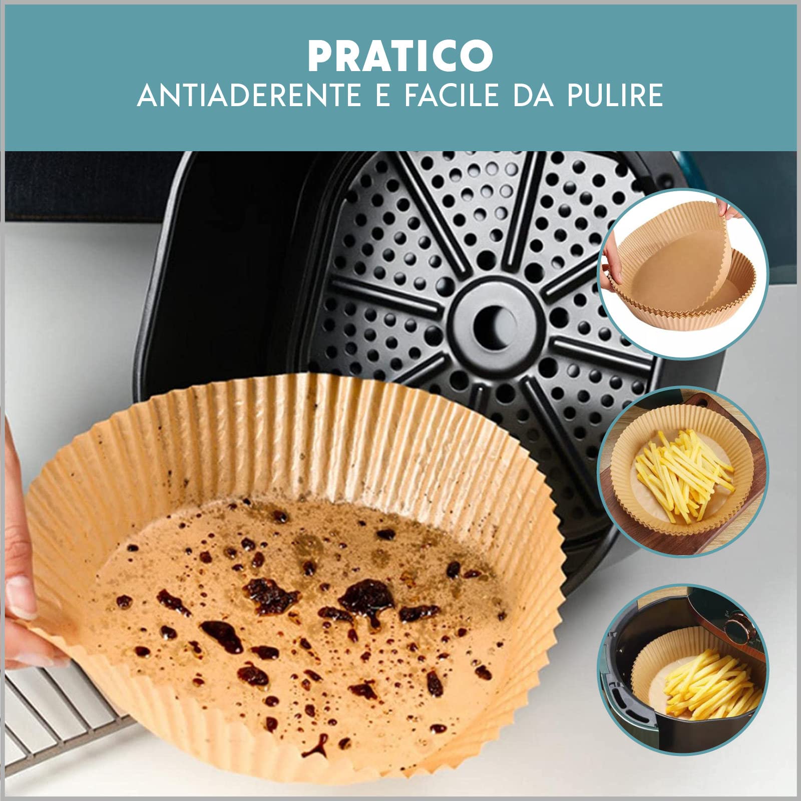 Carta Forno Per Friggitrice Ad Aria - 100 Pezzi, 16 Cm, Antiaderente E Resistente Fino A 220°C - Foto 2