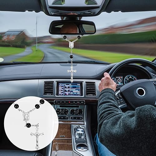 Miniatura 6 de Rosario automático para espejo retrovisor, cuentas de cristal de perlas, pulsera católica, rosario, católico, para mujeres, hombres, rosario de