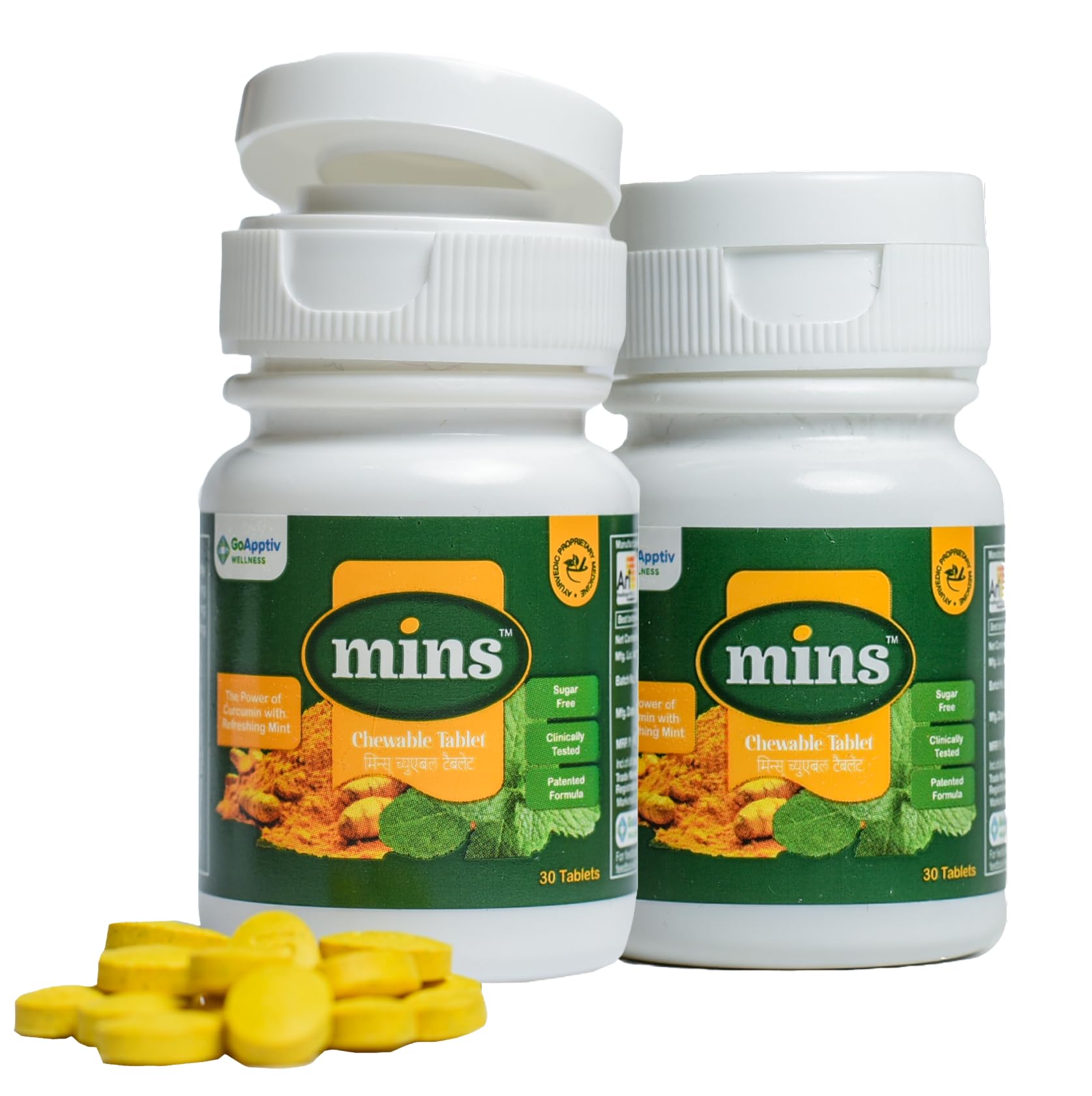 MINS Chewable Tablets Bottle of 30's Green| Curcumin Tablets with Piperine| For Cold, Cough, Sore throat & Bad breath| Sugar free| 30 Chewable Tablets Pack of 2