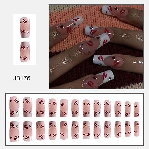 Miniatura 2 de Uñas largas a presión para el día de San Valentín, uñas postizas de ataúd azul, uñas postizas de punta francesa para mujeres y niñas con diseños de