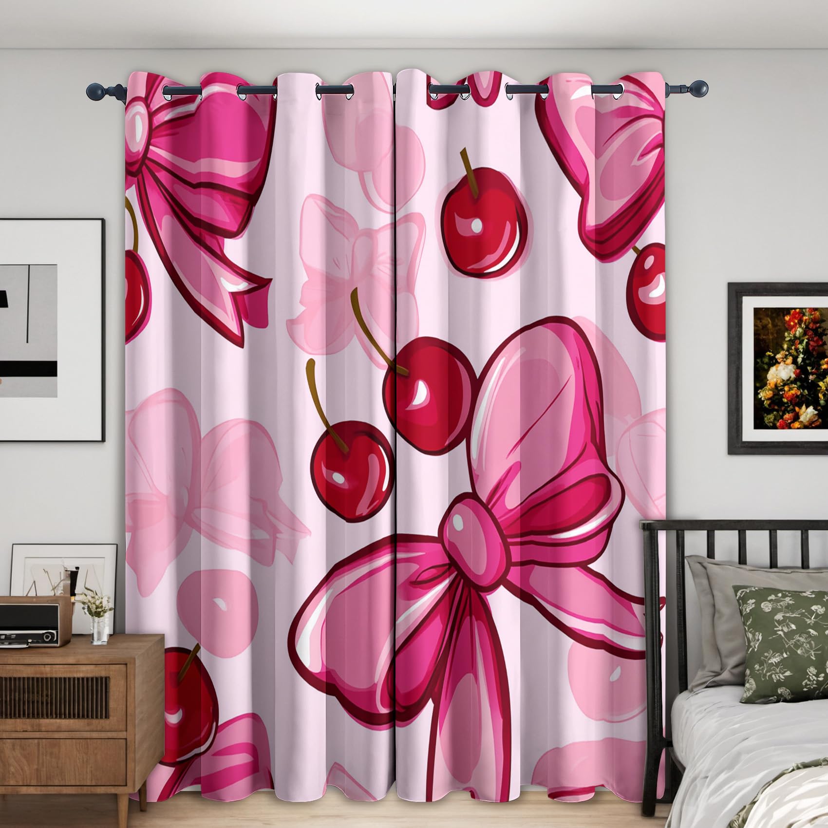 Pink Bow Blackout Curtains, 108 Drop, Girls Cute Cherry Printed Curtains for Living Room, Bedroom, Eyelet Drapes for Window Home Decor, 90x108 Inch 2 Panels (J-873)
