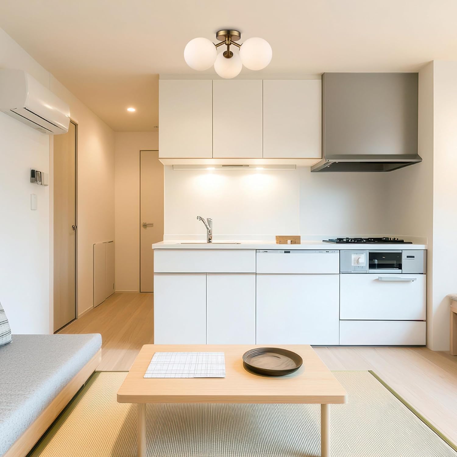 Prismara 16 Inch 3-Light Ceiling Light | Antique Gold Finish with Opal Glass Shades | Uses 3 E-12 Candelabra Base Dimmable Bulbs | Modern Flush Mount Light (Gold)