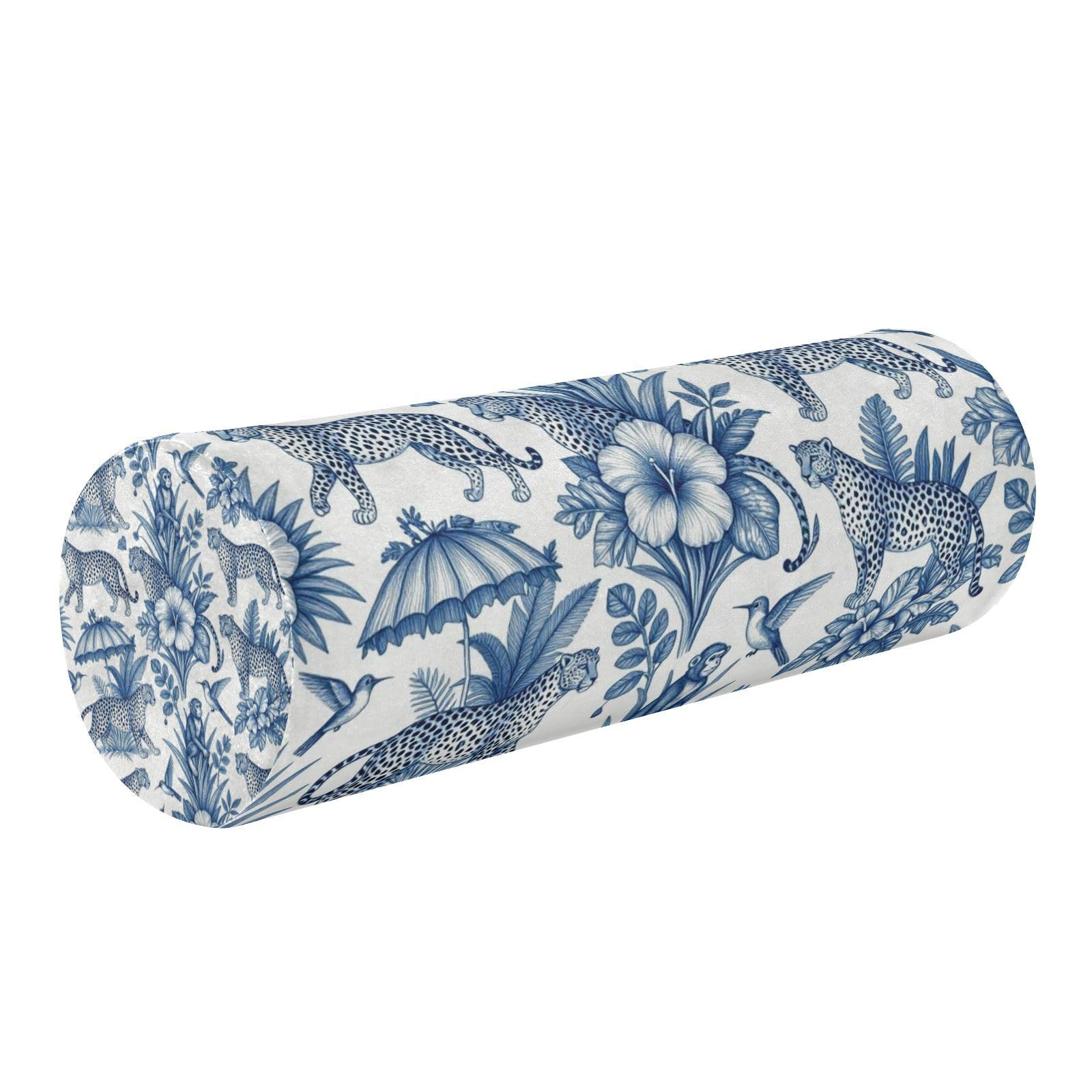 Coussin cylindrique en mousse bleu et blanc motif léopard pour soutien
