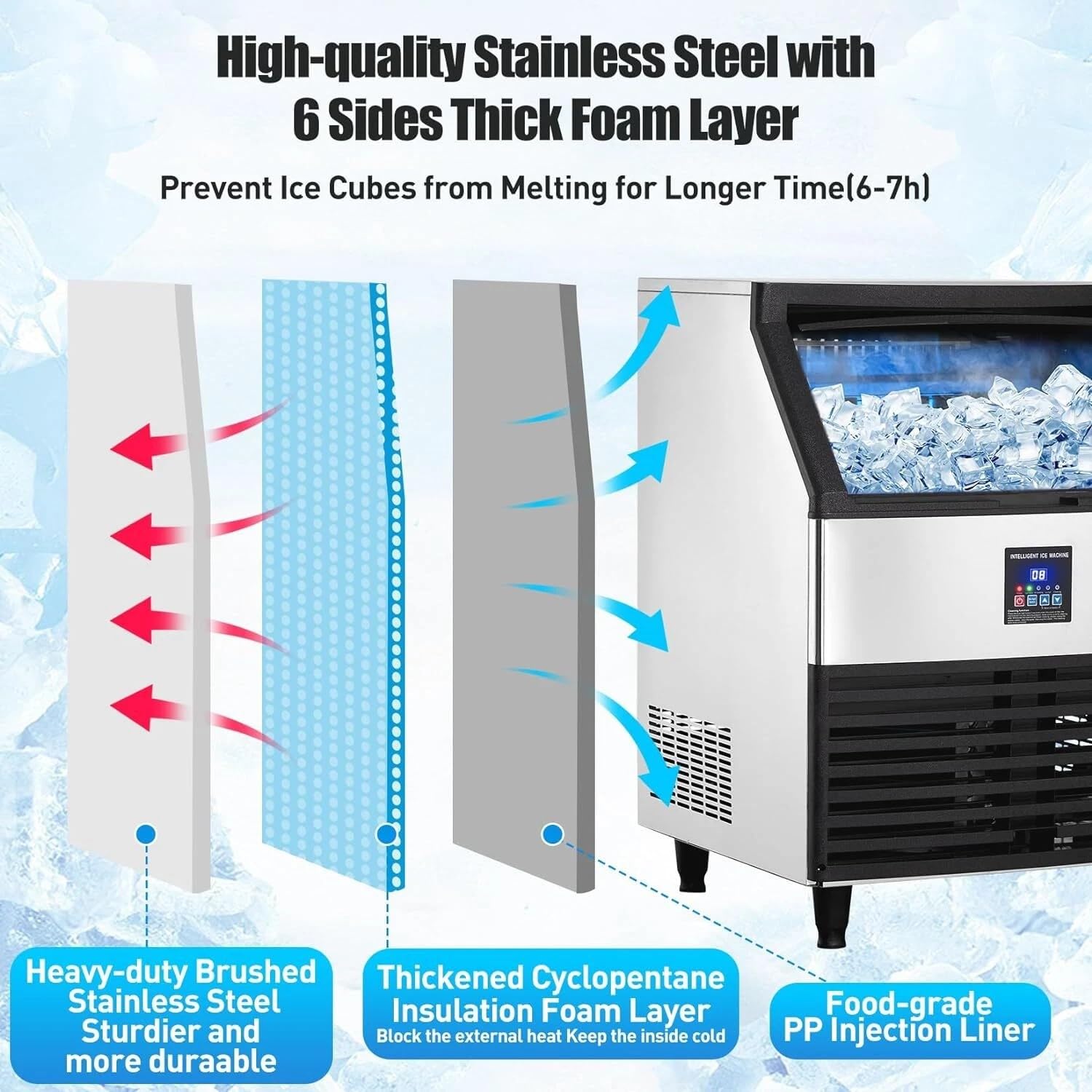 Kommerzielle Eismaschine Eiswürfelmaschine 200 kg/24 Std, Kommerzielle Eiswürfelmaschine Freistehender Eismaschine mit Selbstreinigung & Timer für Hausbars, Gastronomie