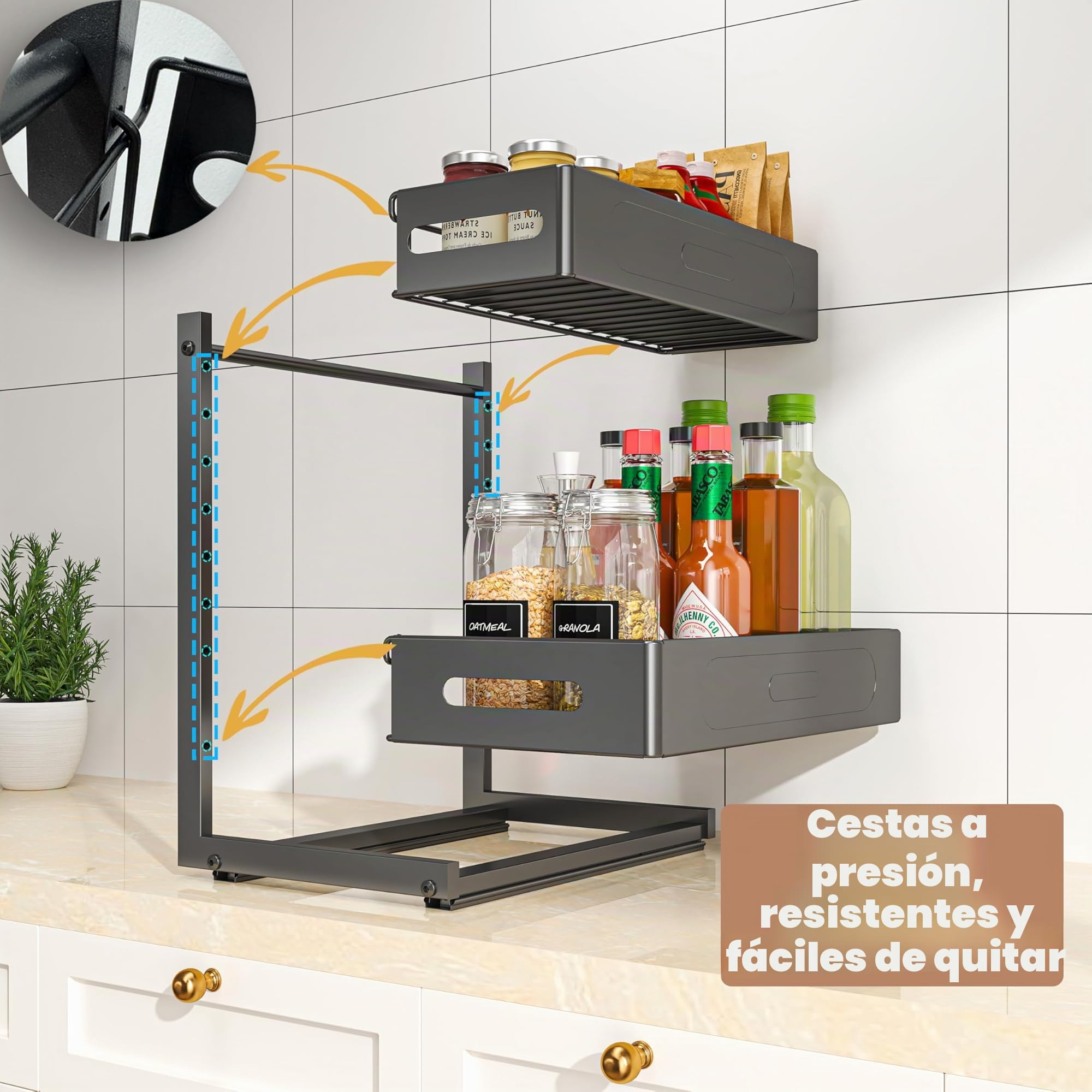 YunNasi Organizador Bajo Fregadero Deslizable Cocina 2 Niveles Negro | 4 Ganchos, Altura Ajustable, Estante de Especias Acero Inoxidable, Estante para Cocina Baño