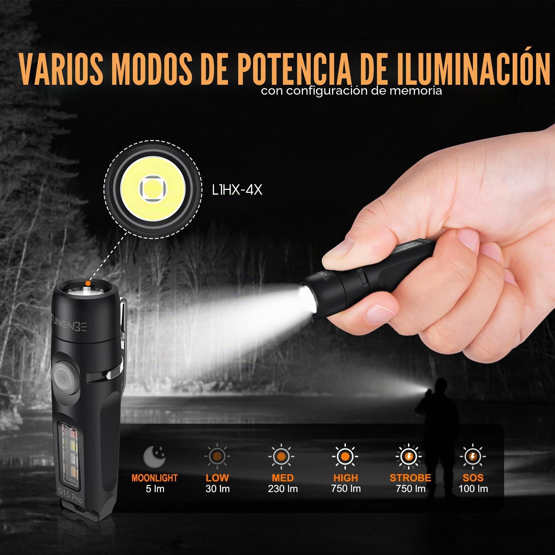 Linterna S15Pro con llavero, linterna de bolsillo EDC de 750 lúmenes altos con clip, mini linterna recargable USB C con imán, adecuada para senderismo, camping, reparación (negro)