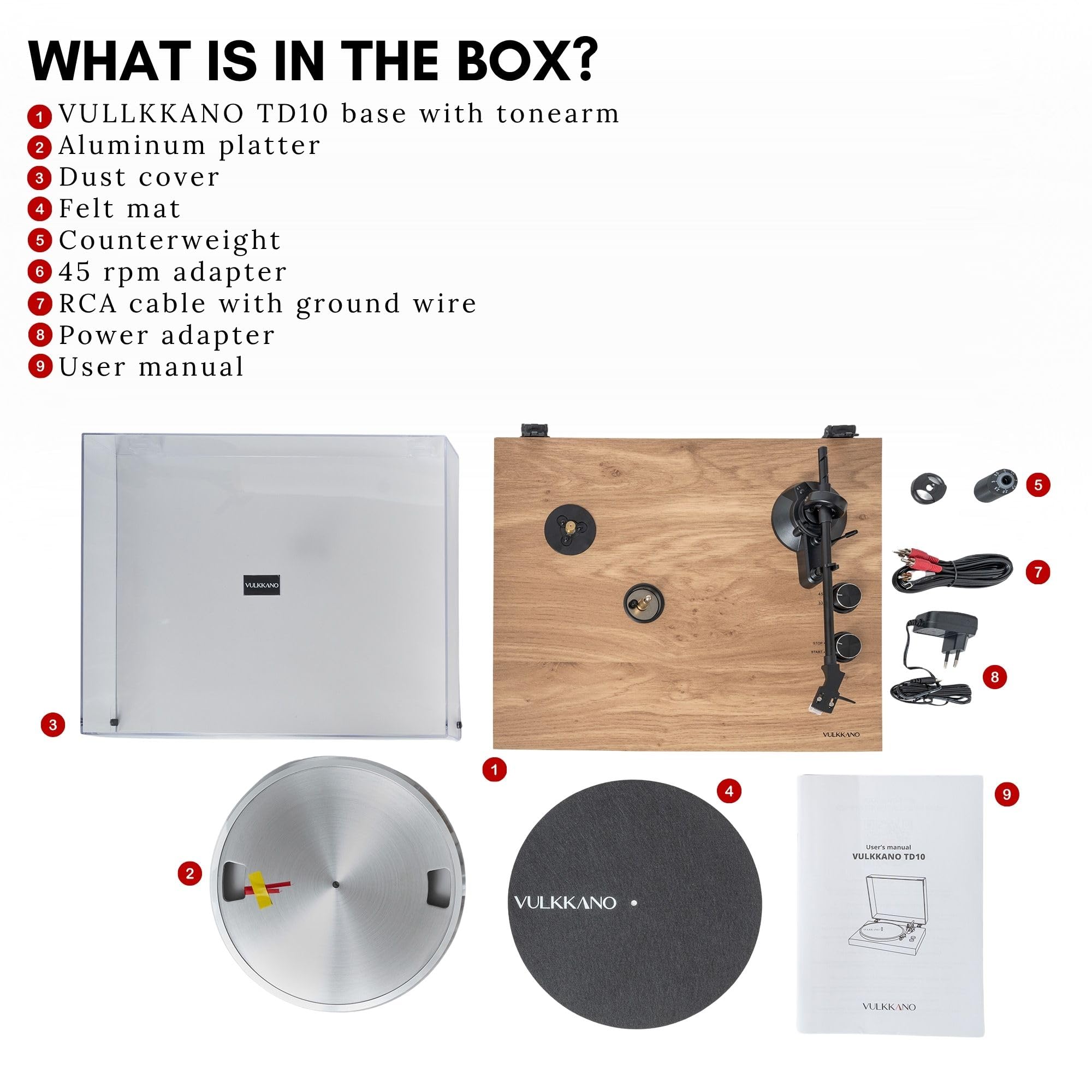 VULKKANO TD10 Gramofon Bluetooth z automatycznym odtwarzaniem, precyzyjne ramię, zintegrowany korektor fonu/linia i elegancka konstrukcja kompatybilna z winylami 33 i 45 obr./min