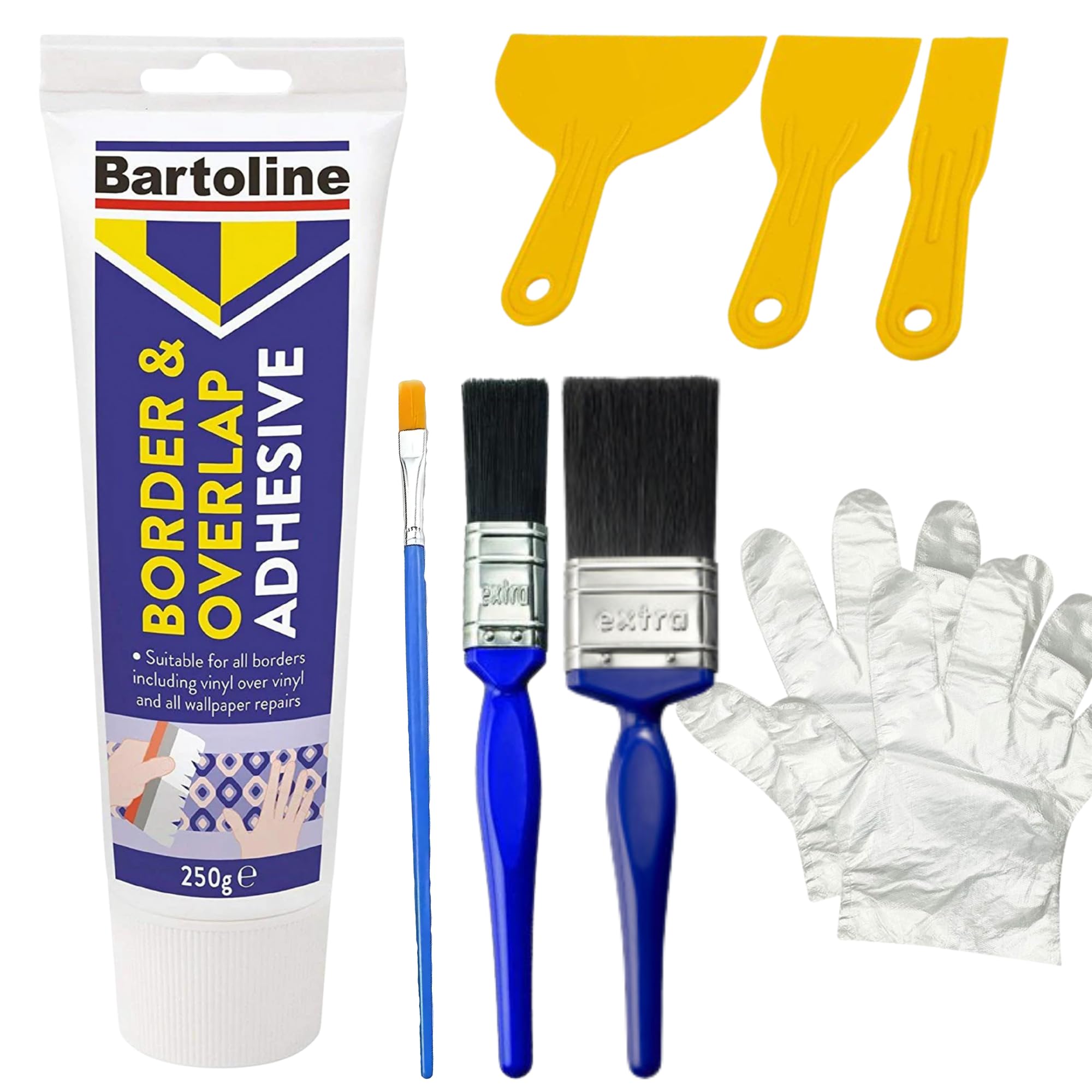 Bartoline Border & Overlap Adhesive Tube - 250g | Complete Wallpaper Border Application Kit with 1" & 2" Paintbrushes, Detail Brush, 3pc Putty Knife Set & Gloves
