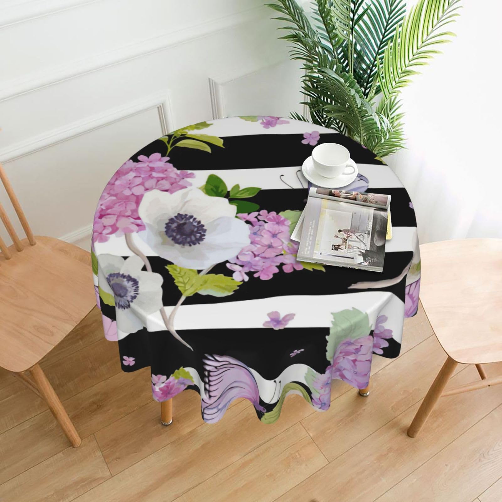 Zcmkjlg Flower Butterfly Print Quick Ship Round Tablecloth 60in Polyester Washable Cover for Dining Room