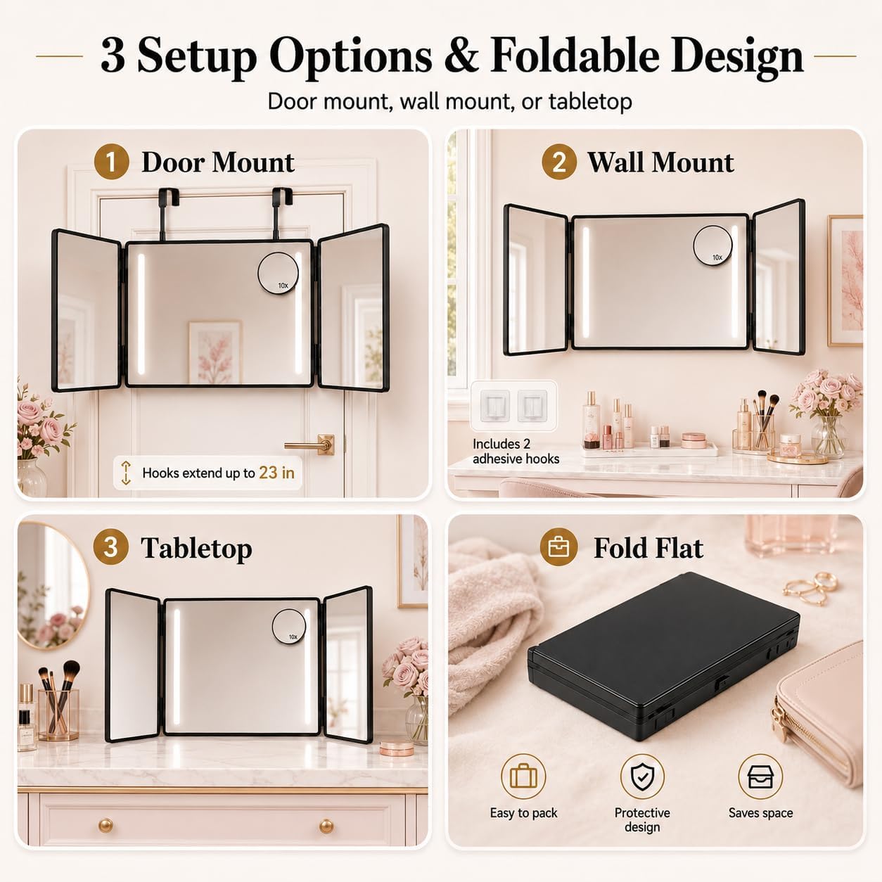 3 Way Mirror for Self Hair Cutting, 10X Magnifying Mirror, Trifold 360°, LED Strips Barber Mirrors with Height Adjustable Metal Hooks for Makeup, Braiding, Hair Styling, Coloring and Shaving, Black
