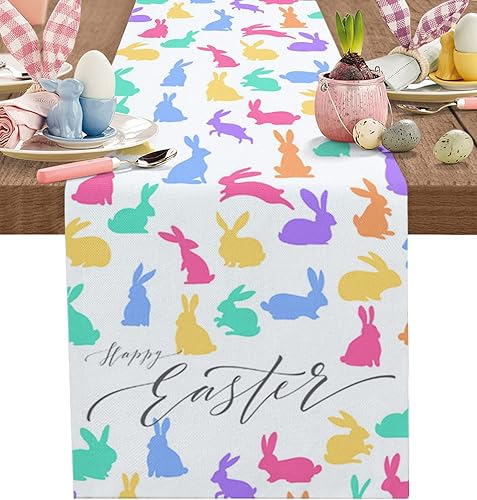 Camino de mesa para decoración de mesa de cocina, conejo de Pascua, conejo colorido de 13 x 70 pulgadas, cubierta de mesa de algodón para cenas,