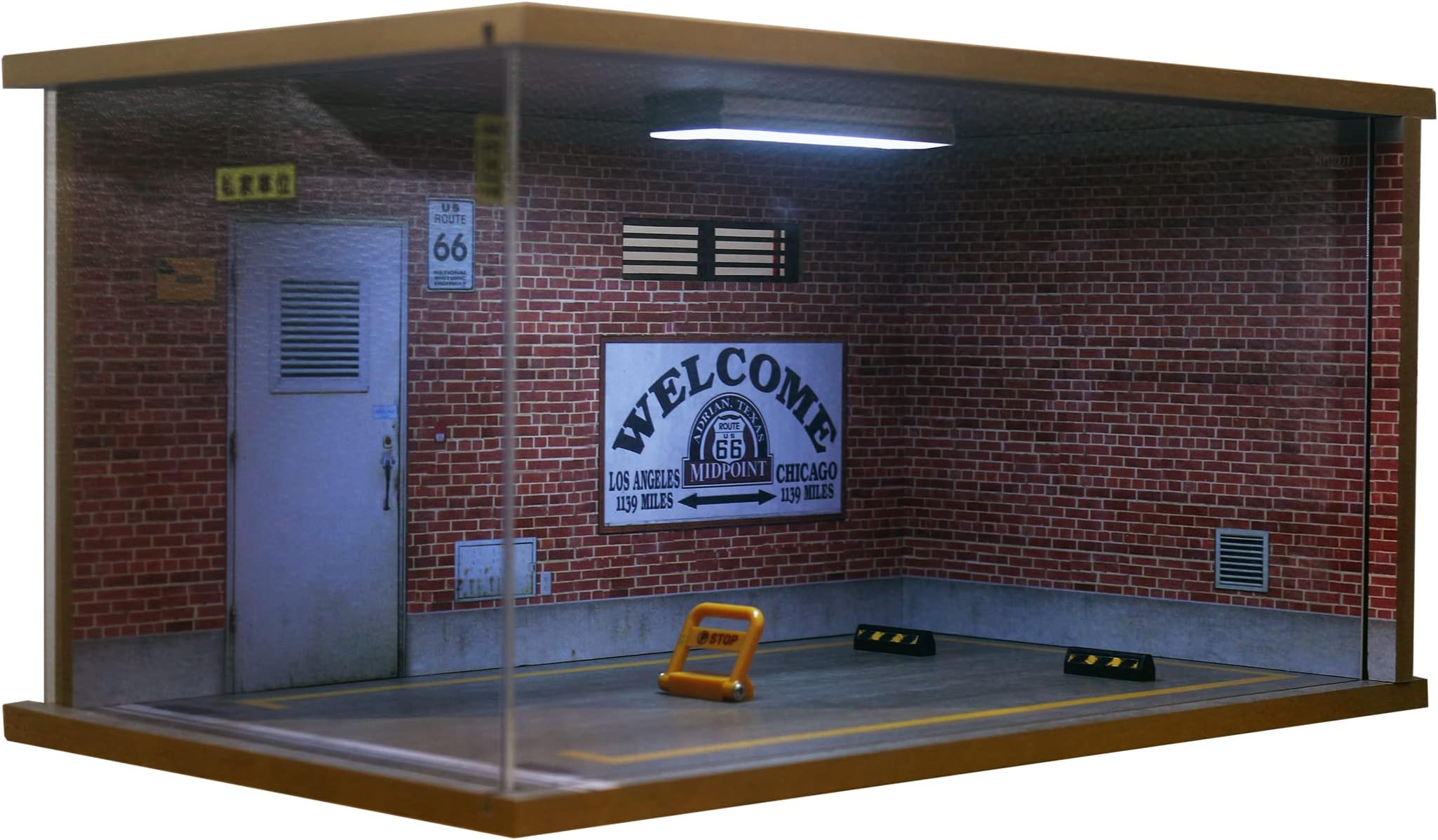 Bivitre 1/18 Scale Model Car Display Case - 1:18 Car Garage Display Case with Clear Acrylic Cover and LED Lighting for Die-Cast Cars, 1 Parking Route 66-Left