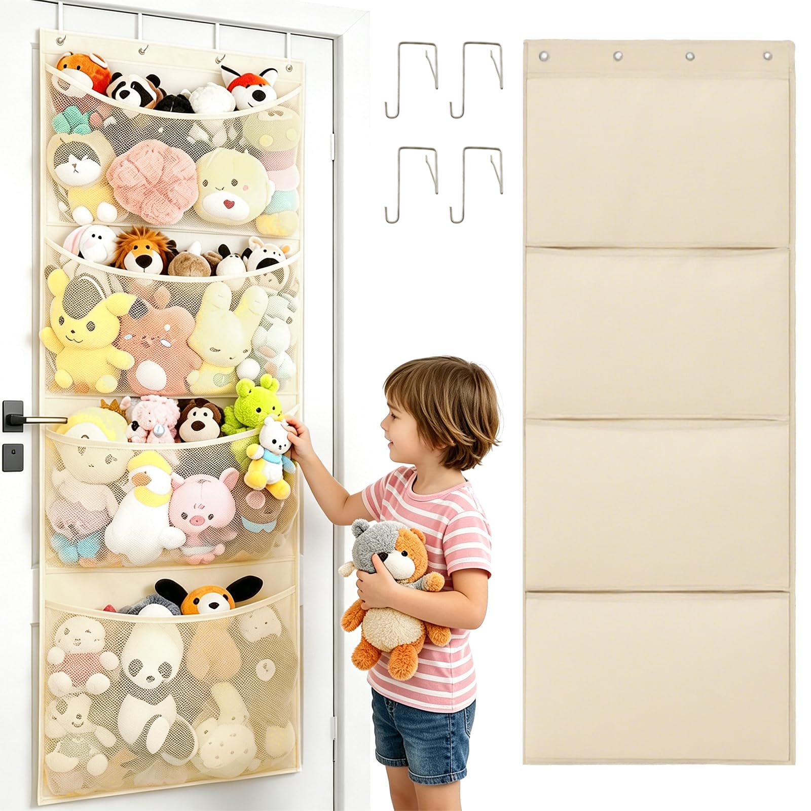 Soft Toy Storage: Over The Door Stuffed Animal Organiser with 4 Large Mesh Pockets – Hanging Toy Storage for Nursery, Bedroom & Kids’ Room