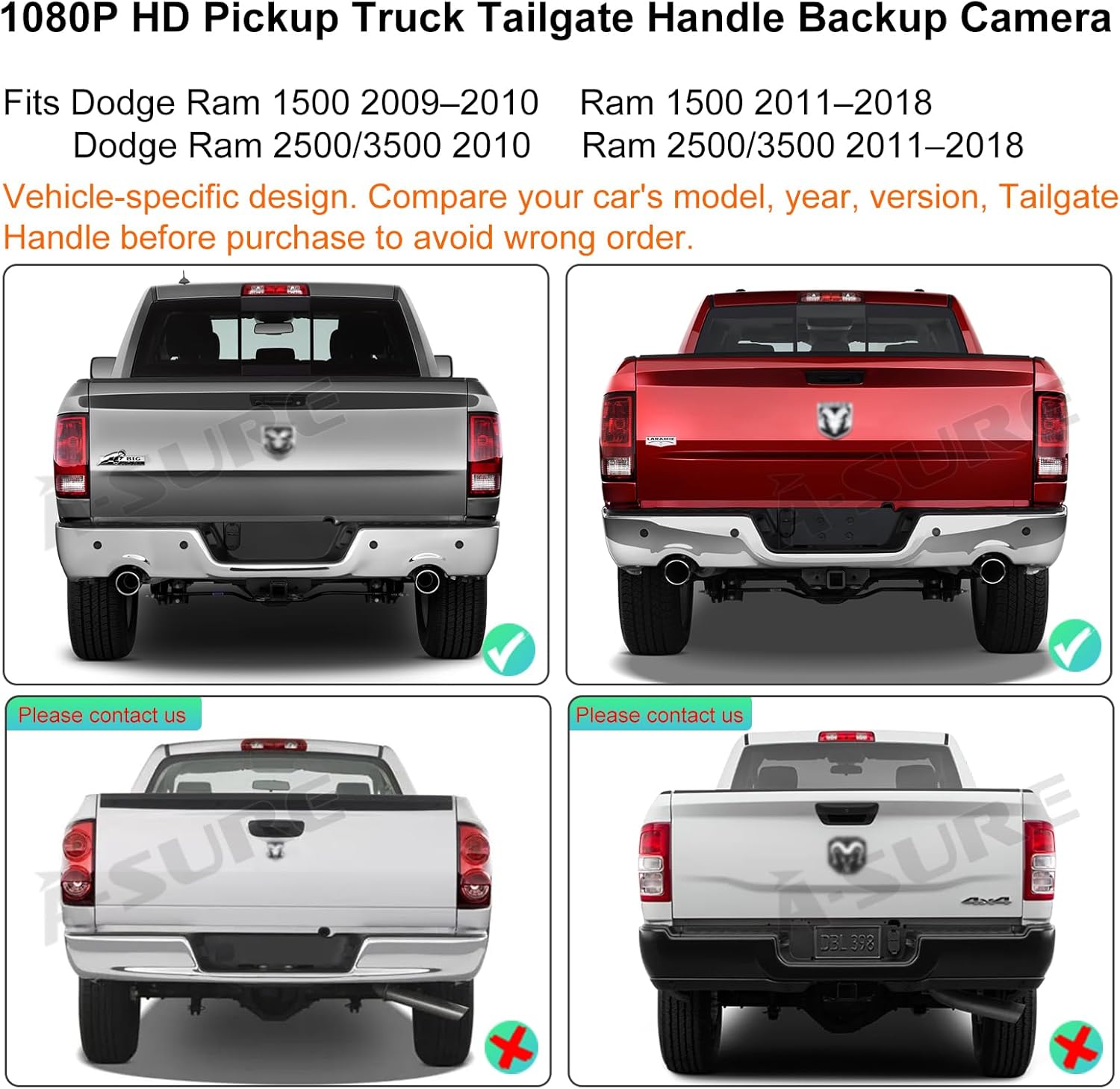 ASURE Tailgate Handle Backup Camera for 2009–2018 Dodge Ram 1500 2500 3500-1080P HD Rear View Camera, 170° Wide Angle Reverse Camera, Starlight Night Vision, OEM Replacement Truck Backup Camera