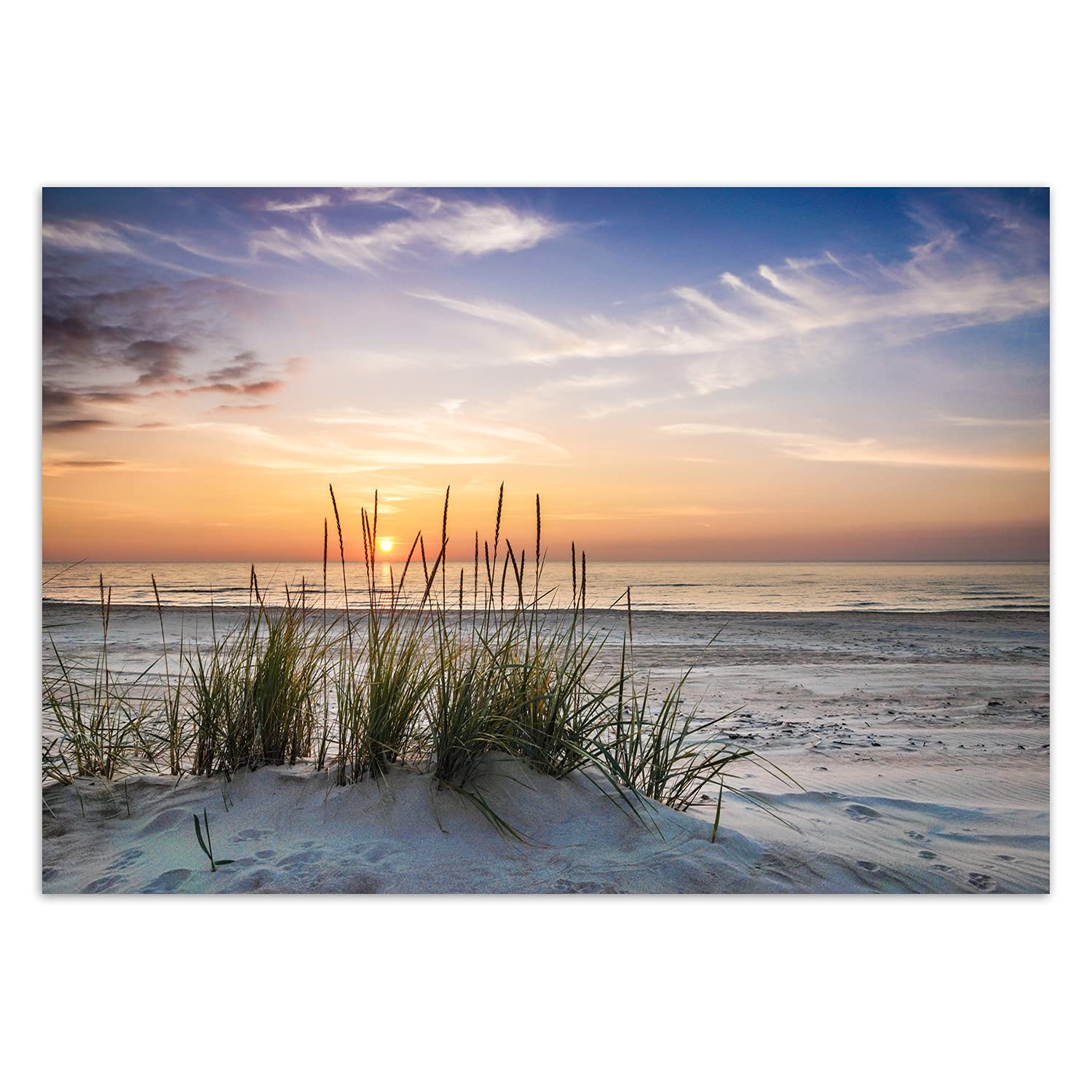 Feeby Tapeta Flizelinowa Zachód Słońca Niebo 350x245 cm Pomarańczowy Dekoracja Ścienna XXL Fototapeta do Pokoju Salonu Sypialni Spa Hotelu Biura Plaża Kępa Trawy Morze