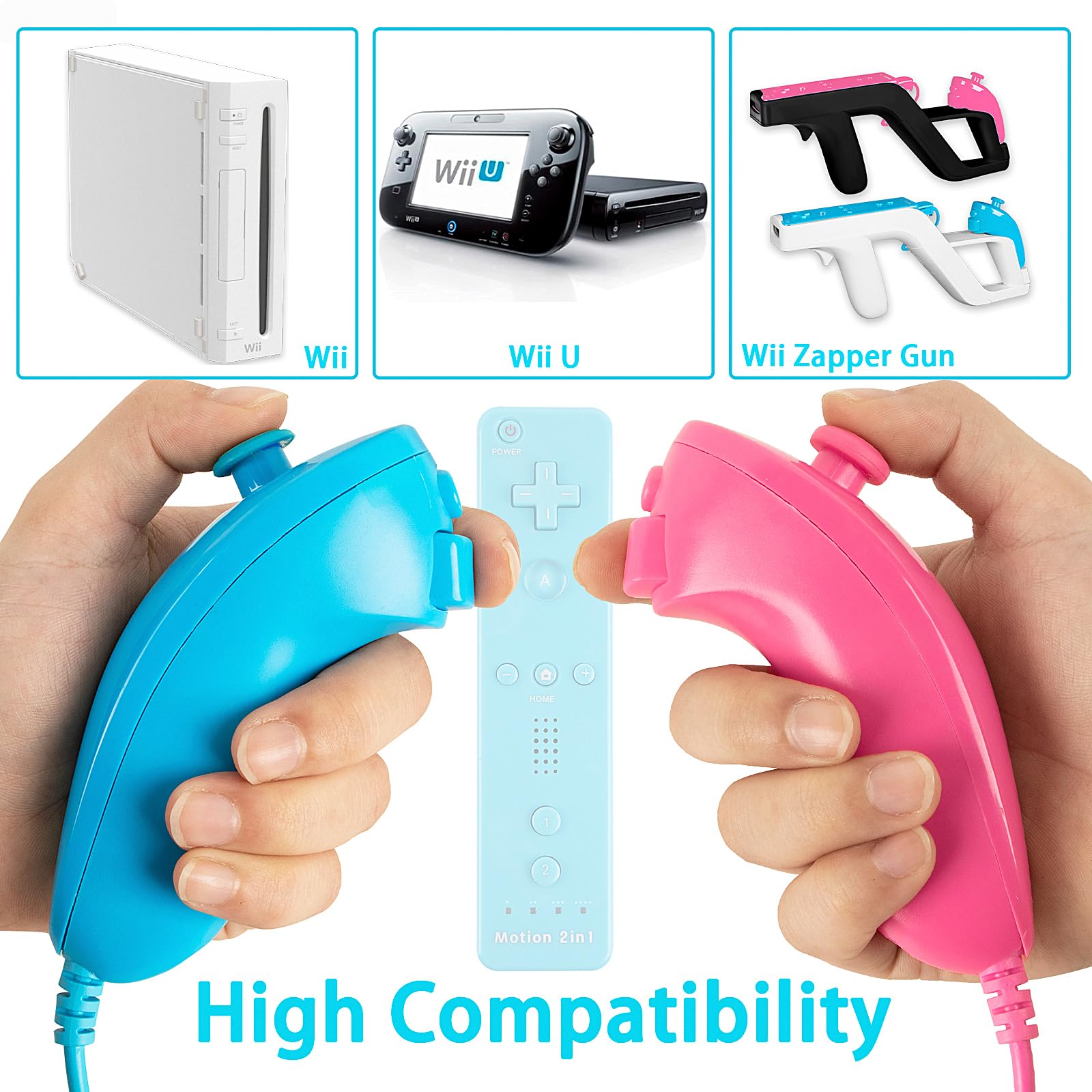 SWeien Nunchuck Controller, 2 Pack Nunchuck Controller Replacement for wii Nunchuck Controller Joystick Gamepad, Compatible with Nintendo Wii & Wii U Console（Pink & Blue） - 5