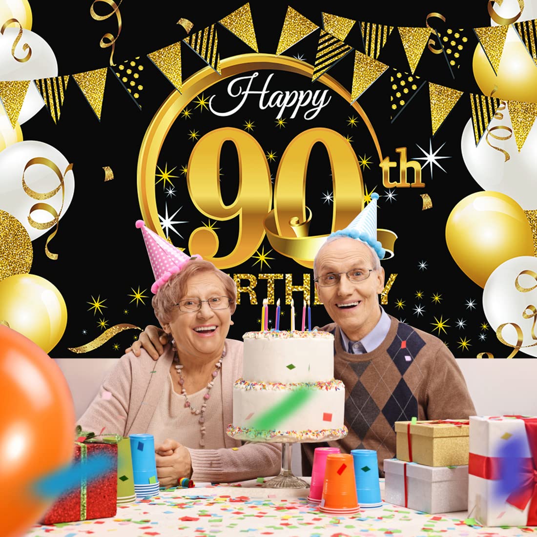 90 Anni Compleanno Festa Decorazioni Oro Rosa, 90 Striscione di Compleanno, 90 Anni di Buon Compleanno Decorazione di Festa per Donne, Sfondo Fotografico di Tessuto 90 Feste di Compleanno