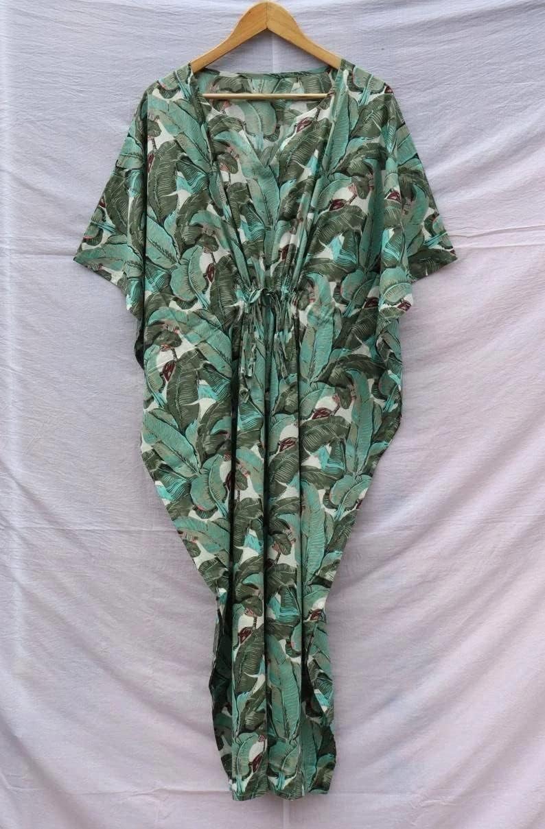 INDACORIFIE Cotton Leaf Print Women Kaftan, 100% Cotton Light Weight Summer Kaftan, Beach wear Dress, Long Maxi Gown Nightwear