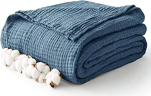100% Cotton Muslin Blanket Queen 90" x 90", 6 Layers Breathable and Lightweight Cotton Throw Blanket for Bed, Soft Quilt Bedspread Coverlet, Gauze Blanket for Adults All Season, Blue
