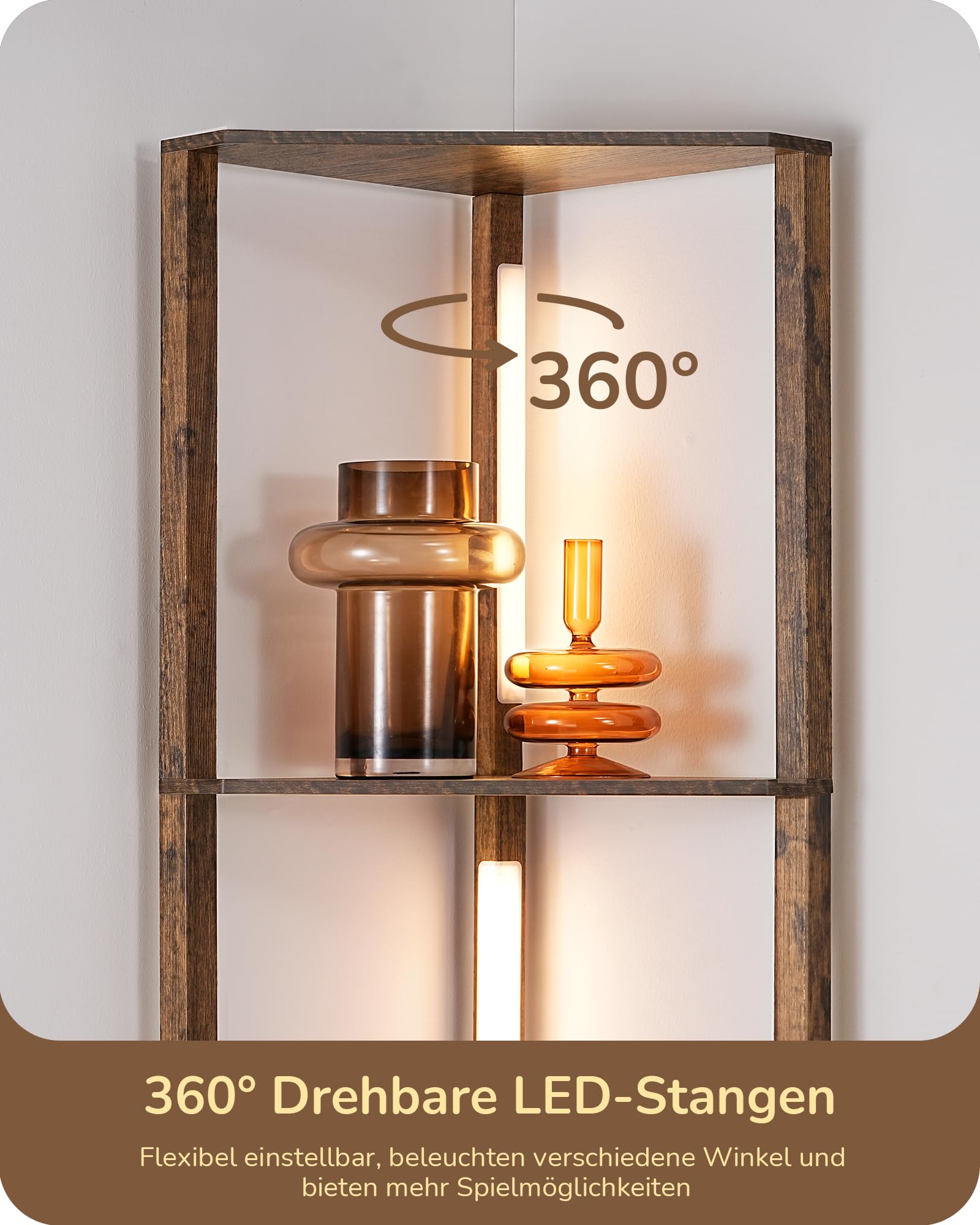 EDISHINE Stehlampe mit 4 Holz-Regal, Standleuchte Wohnzimmer, LED Dimmbar Stehleuchte 3-Farbtemperatur, Leselampe mit 360° Drehbarer Lichtmast, Fußschalter, Eckregal Regalbeleuchtung