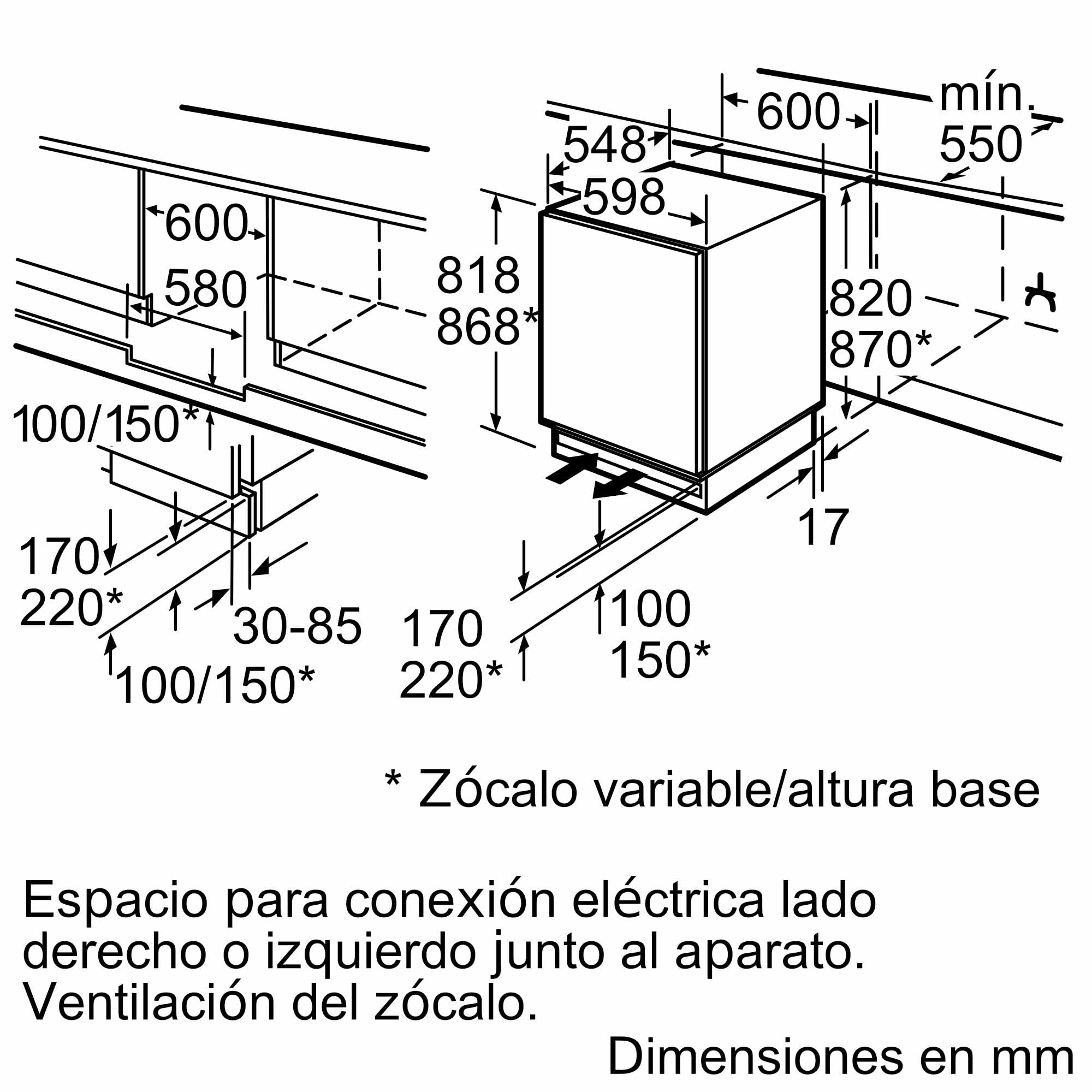 Balay - Frigorífico 1 Puerta Integrable, Instalación Bajo Encimera, 60 cm de ancho, Home Connect, Iluminación LED, Blanco, 3KUE037S