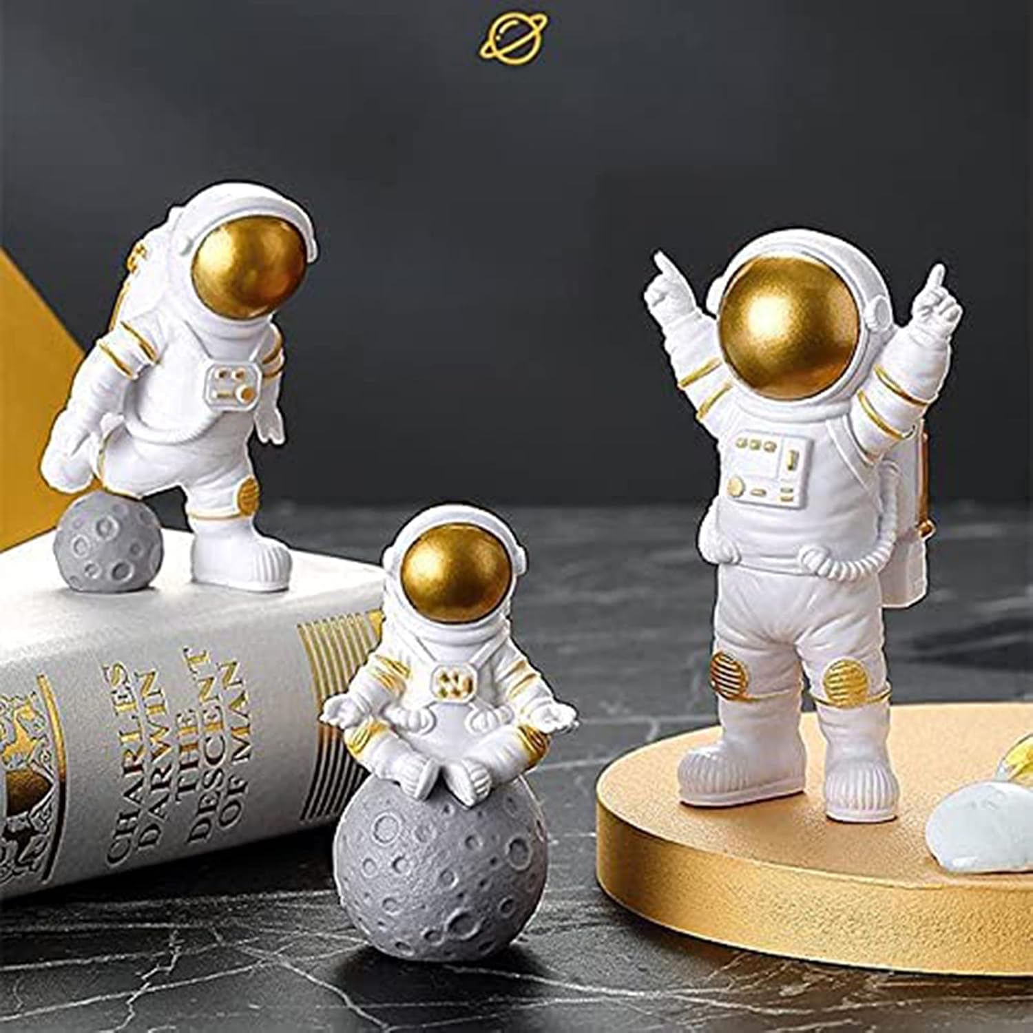 LUOZZY 3 Pcs Astronaut Figurines Space Cake Toppers Outer Space Cake Cupcake Toppers Decorations Spaceman Miniatures Astronaut Toy Figurines (Golden)