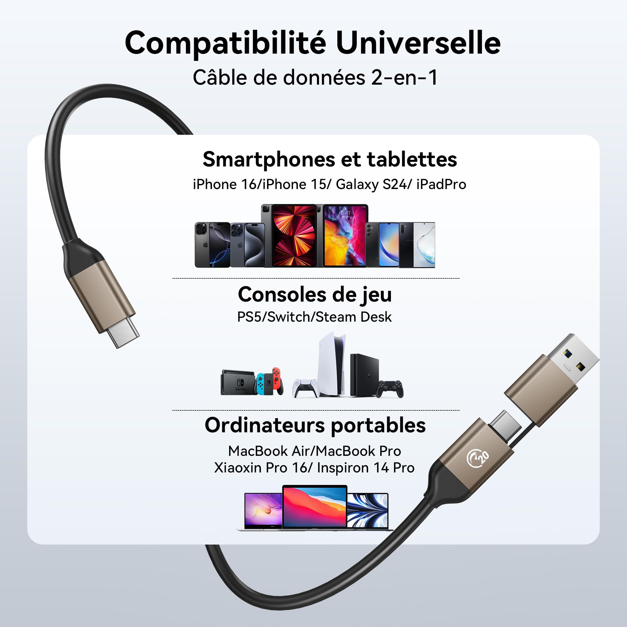 Yottamaster 1TB SSD Externe, Jusqu'à 2000MB/s USB 3.2 Gen 2 x 2, 2-en-1 câble USB-C/A avec Dragonne Prise en Charge 4K ProRes Compatible avec iPhone 17/16 Pro Max, Smartphone, Tablette, Portable