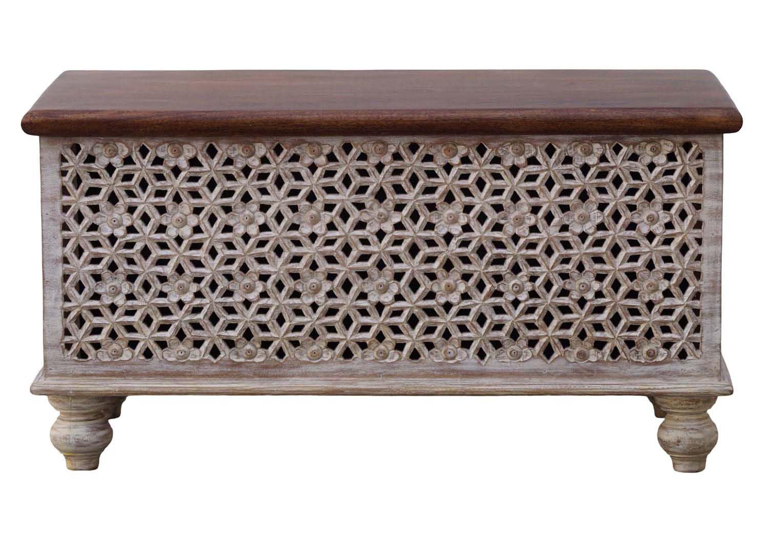 Wooden Carved Trunk, Wooden Storage Trunk, Coffee Table for Living Room, Center Table with Storage, Carved Box, Storage Box, Blanket Box for Bedroom, Lattice Floral Design, White Distressed Finish.-image-49