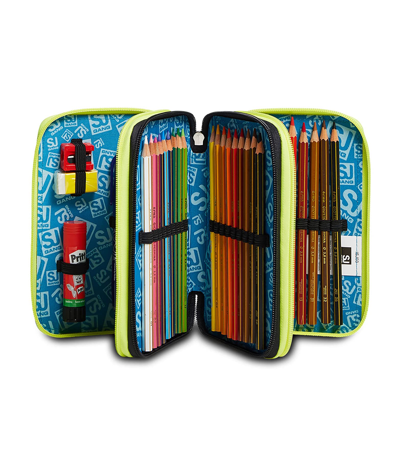 Astuccio Scuola SJ 3 Scomparti - Gamingled Boy Bambino - Completo di Matite, Pennarelli - Azzurro, Verde