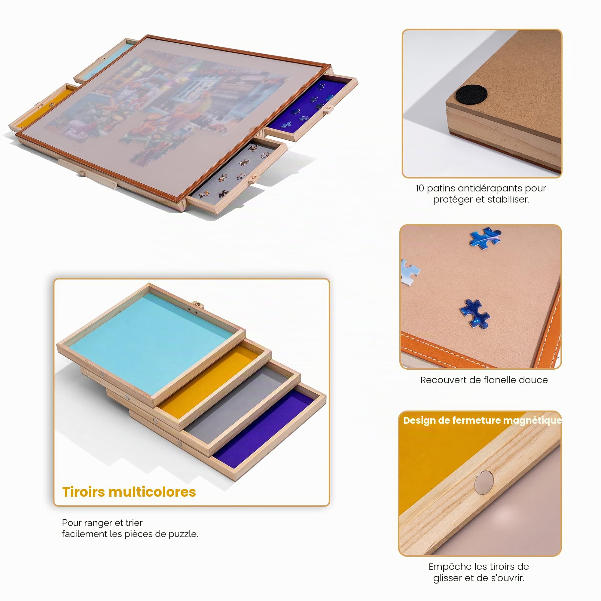 Tektalk Table de Puzzle en Cuir avec Plateaux de Rangement et de tri en Bois Plateau de Puzzle Portable avec Support et Couvercle, pour jusqu'à 1000/1500 pièces