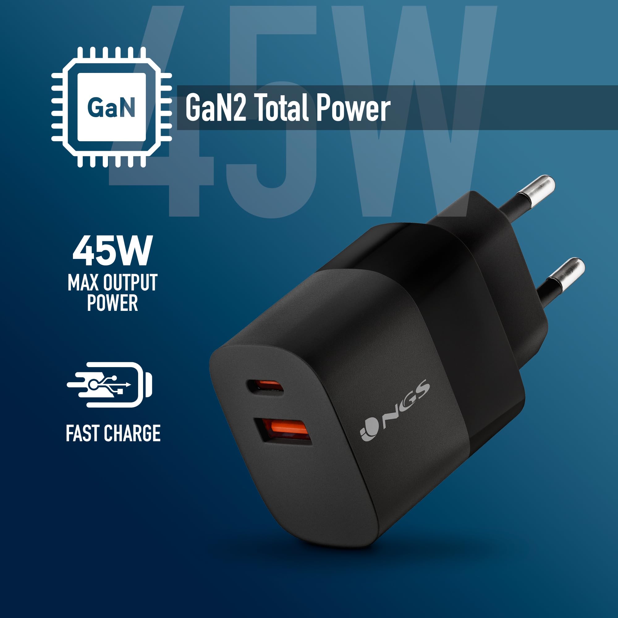 NGS Bud 45W – Cargador GAN Pared 45 W, 2X USB-C PD y PPS + 1x USB-A QC 3.0, 3 Puertos, Carga Rapida Simultanea, Compacto, Smartphones, Tablets y Portatiles