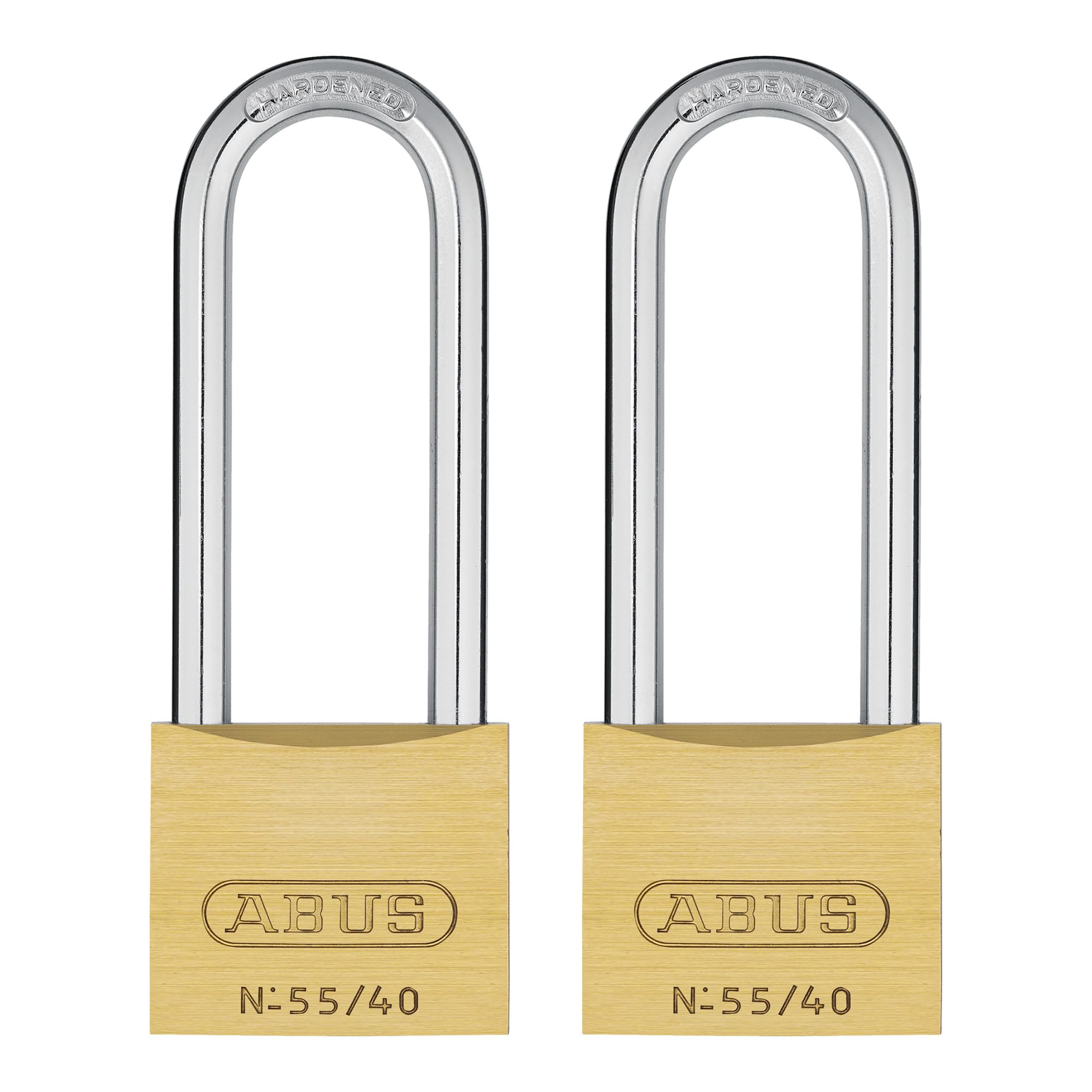 ABUS 55/40HB63 Solid Brass Padlock with 2 Keys for School, Gym, 1 1/2in (40mm) Wide, Long Shackle (2 Pack Keyed Alike)