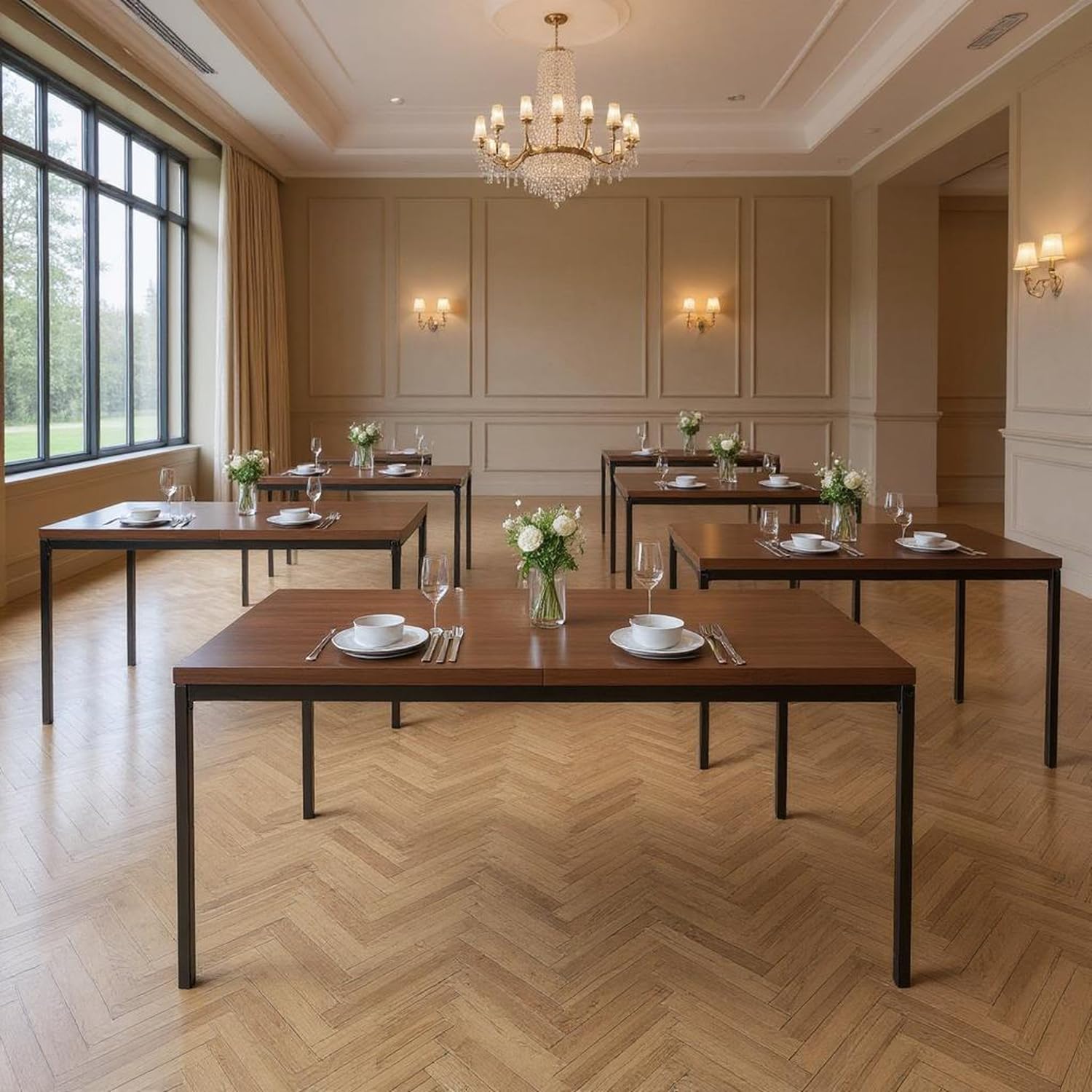 FurnitureR Rectangular Banquet Tables in Brown, for 4 to 6 People, Thick Wooden Tray with Metal Structure, for Training, Meetings, Conferences, Meals, 150 x 75 x 75 cm