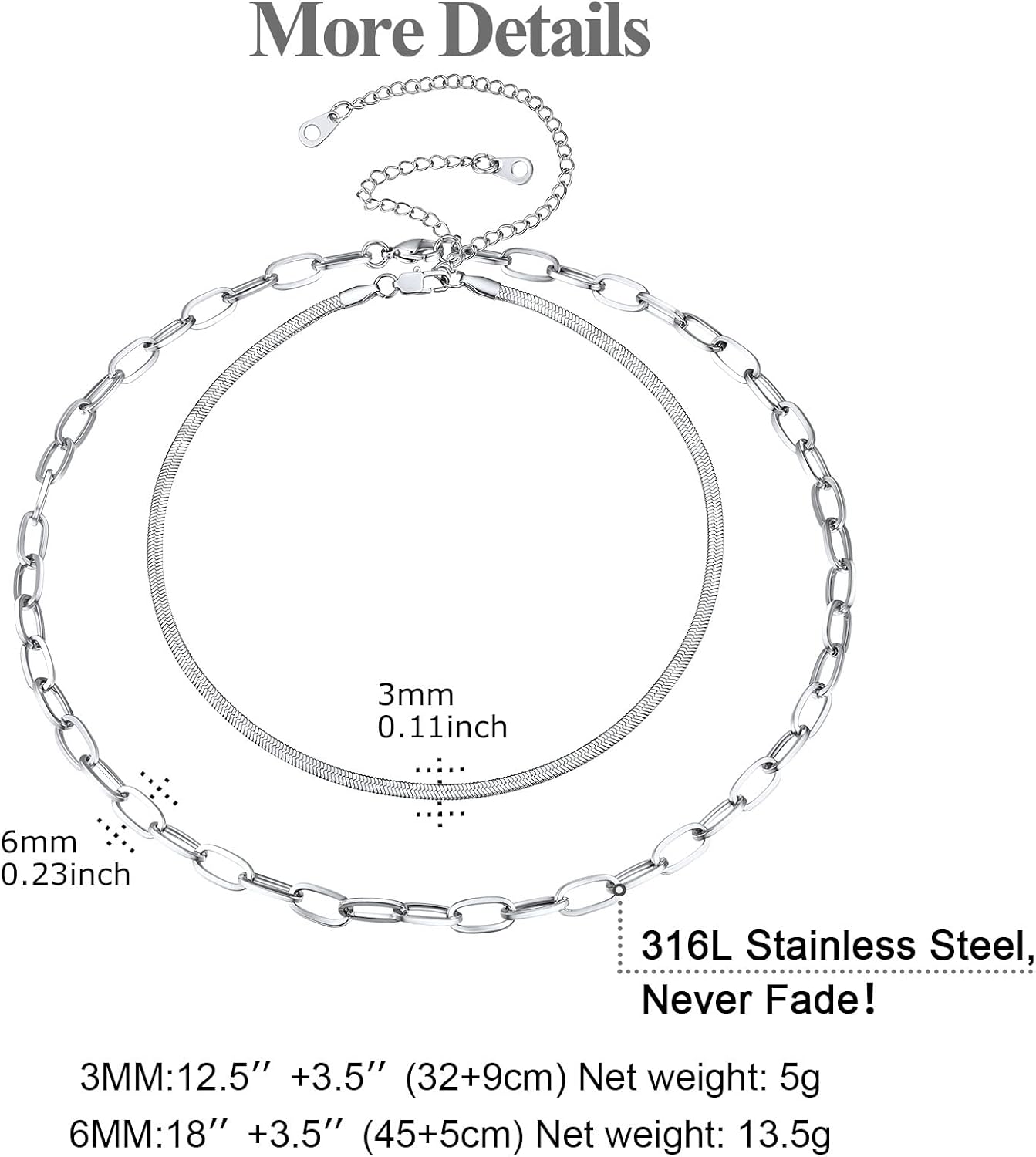 FOCALOOK 14K Gold Plated Necklaces for Women, Fashion Herringbone Choker Necklace Stainless Steel Flat Snake Chain 3/5MM(W) 12.5"/15"/18"+3.5"(L) - Image 6