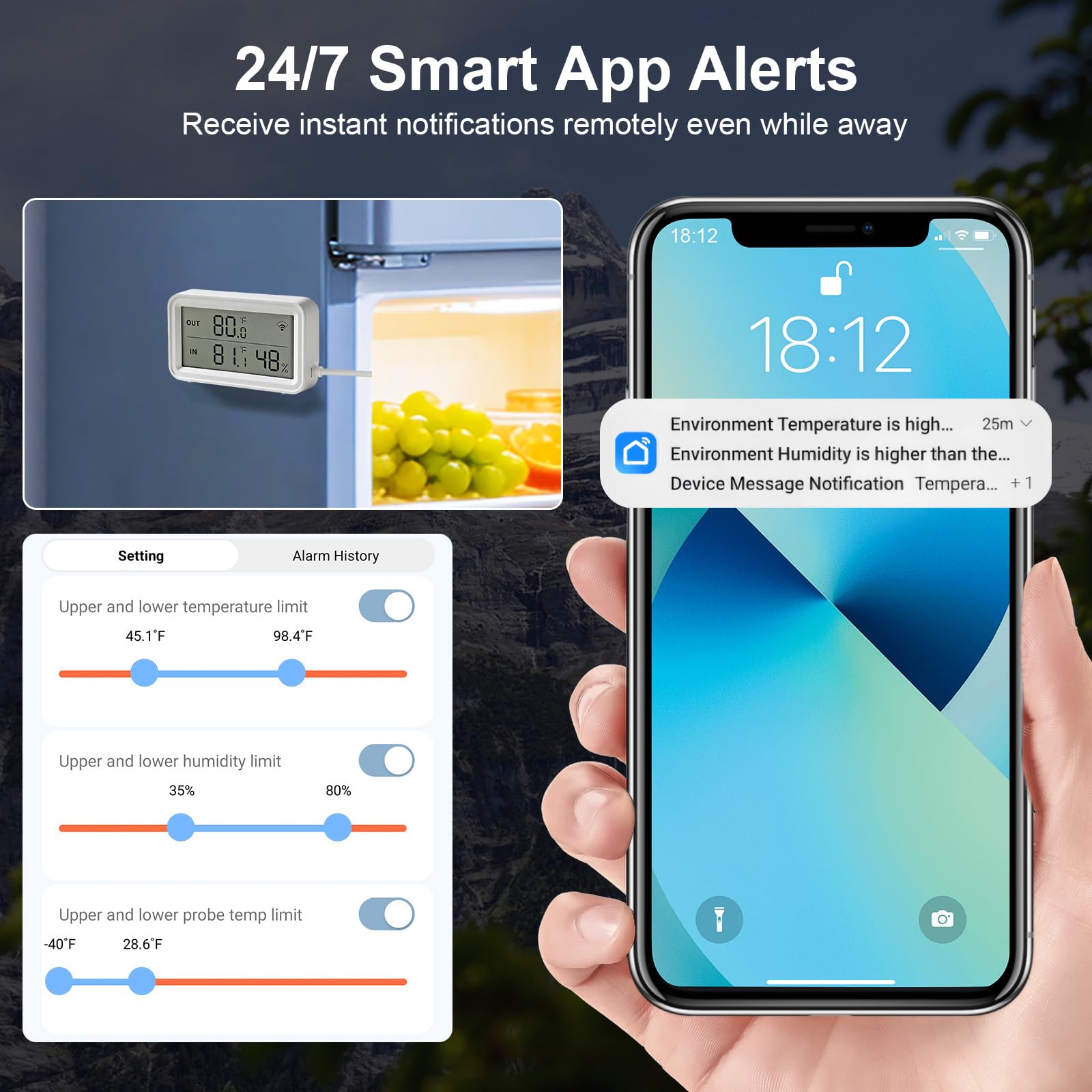 WiFi Thermometer Hygrometer mit Sonde, Smart Temperatur- und Feuchtigkeitssensor mit App Alarm, Digitales Thermometer für Kühlschrank, Aquarium, Terrarium, ohne Hub, Präzise Messung