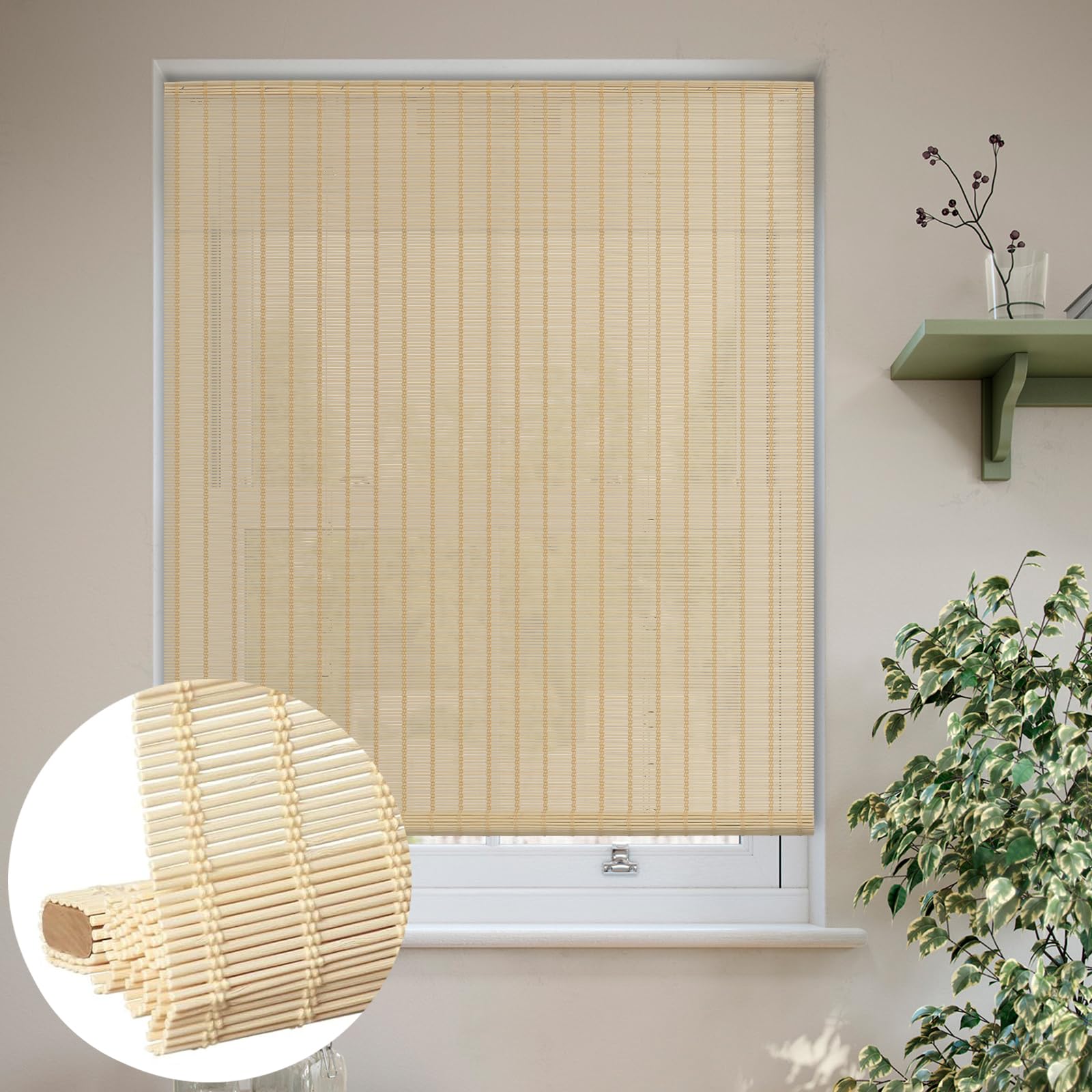LUCKUP Cordless Bamboo Roman Shades, Light Filtering Bamboo Blinds for Windows Indoor, UV Protection Natural Roll up Roman Shades 42" Wx64 H, Natural