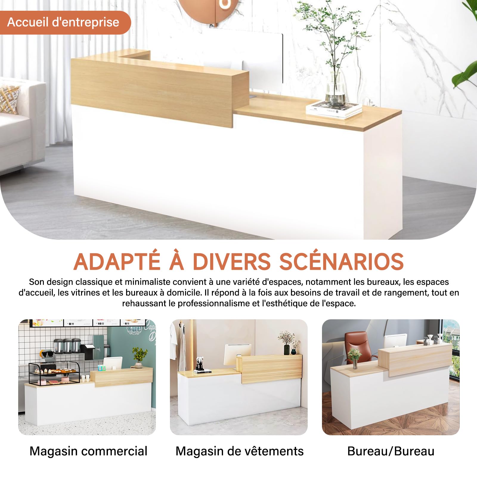Comptoir Caisse, Accueil avec Tiroir Verrouillable étagères Ouvertes, Largeur 100‑240 cm, Moderne pour Salon Bureau Boutique