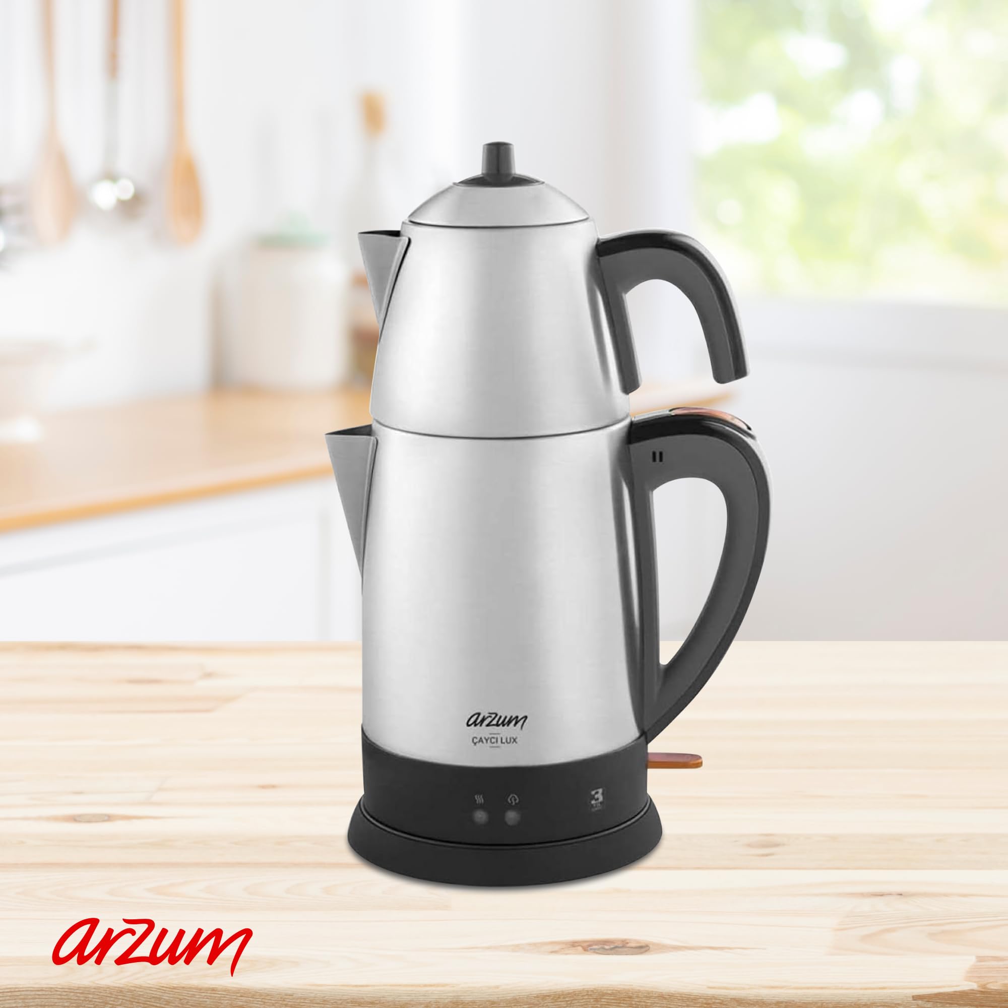 ARZUM Cayci Lux Inox Teebereiter, türkische Teekanne, Edelstahl, 0,7 l Topfkapazität, 1,8 l Warmwasserbereiterkapazität – 2100 W