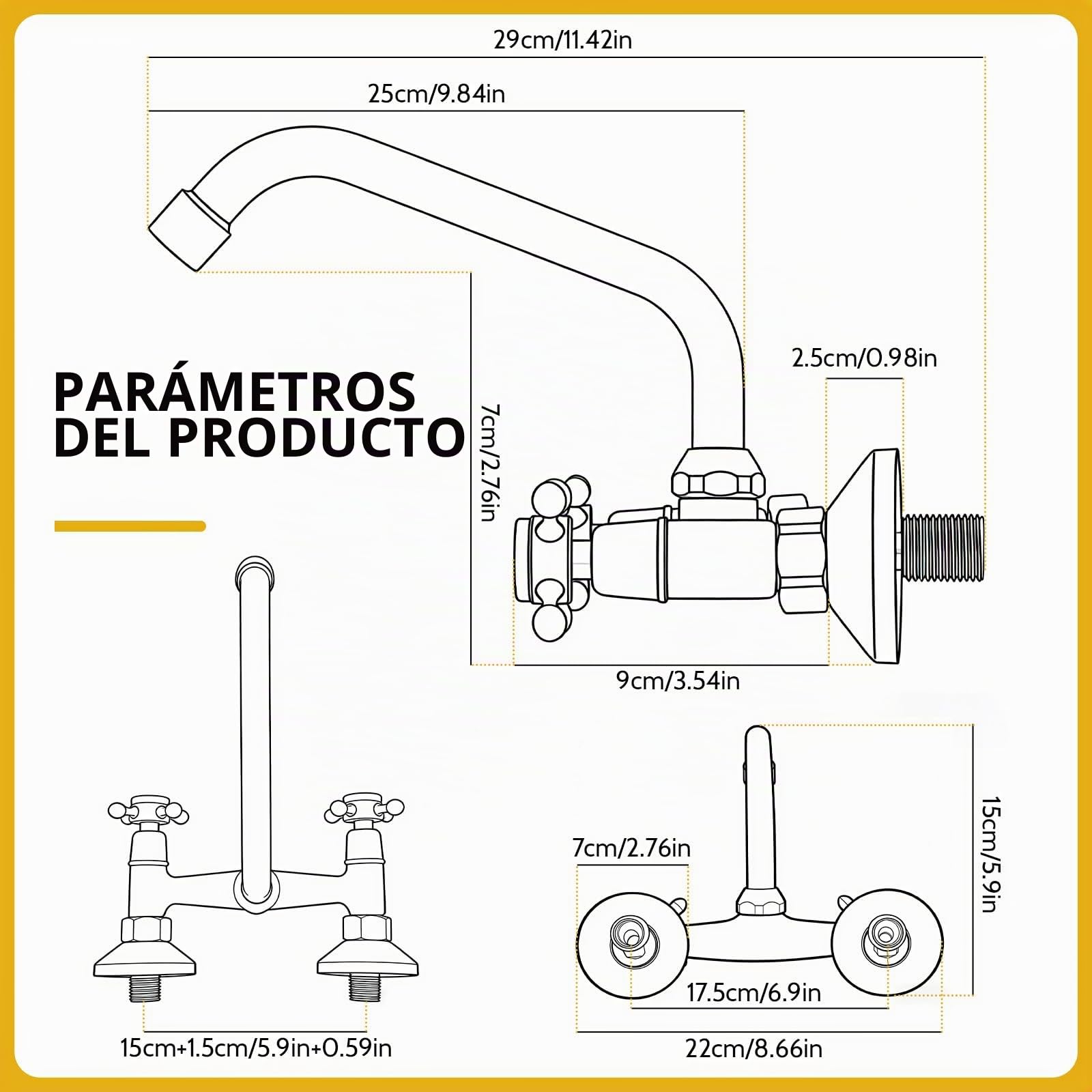 Grifo de pared para lavabo de baño en latón envejecido, mezclador vintage de pared para fregadero de cocina, giratorio 360°, doble maneta para grifo de cocina y baño, caño 25 cm