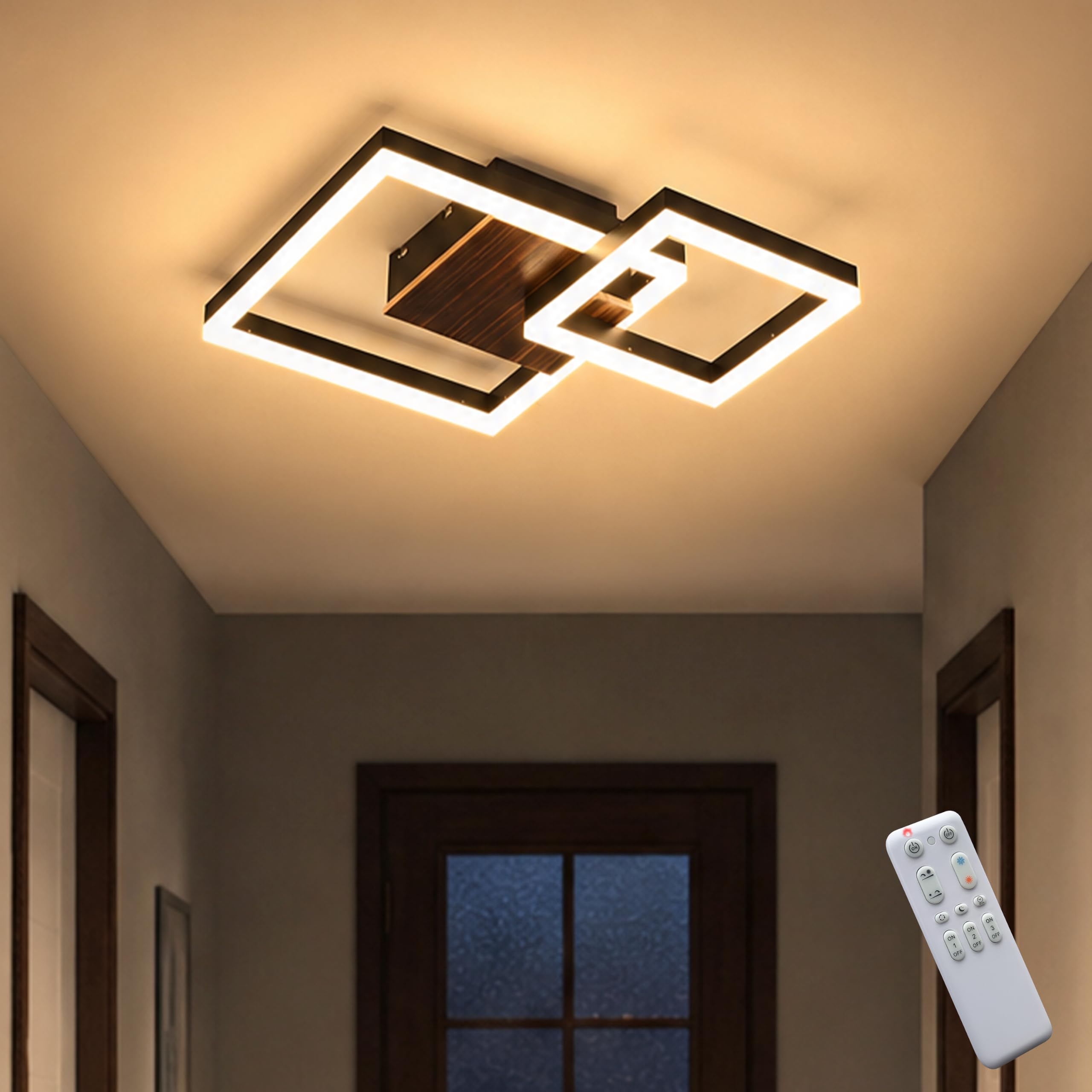 LED Deckenlamape Holz Dimmbar, schwarz Massivholz Geometrisch Schlafzimmer lampe, 30W 40cm 3000lm mit Fernbedienung Farbtemperatur 3000-6000K, Helligkeit 10-100%, 3W Nachtlicht, Memory-Funktion